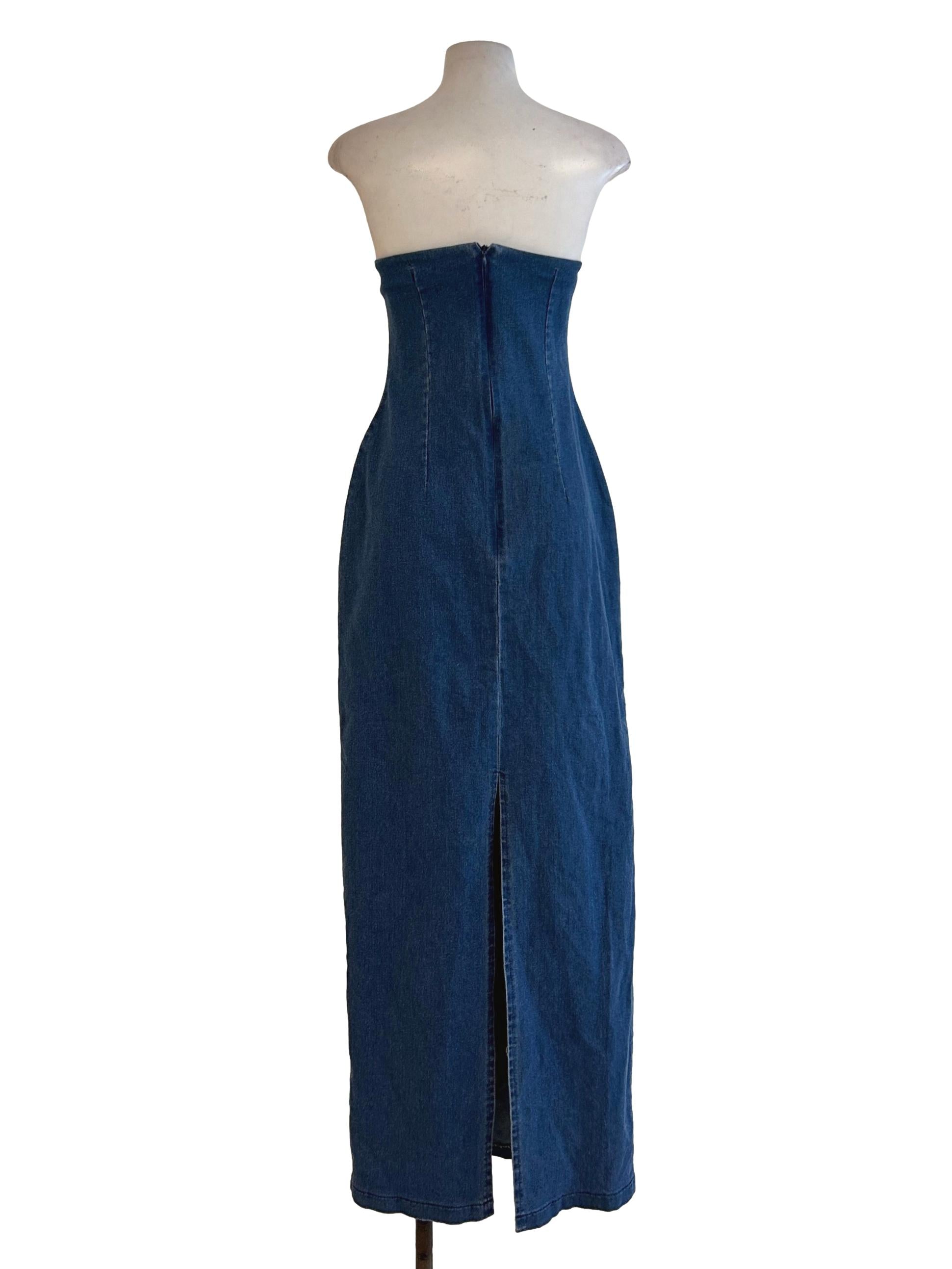 Blue Denim Strapless Midi  Dress