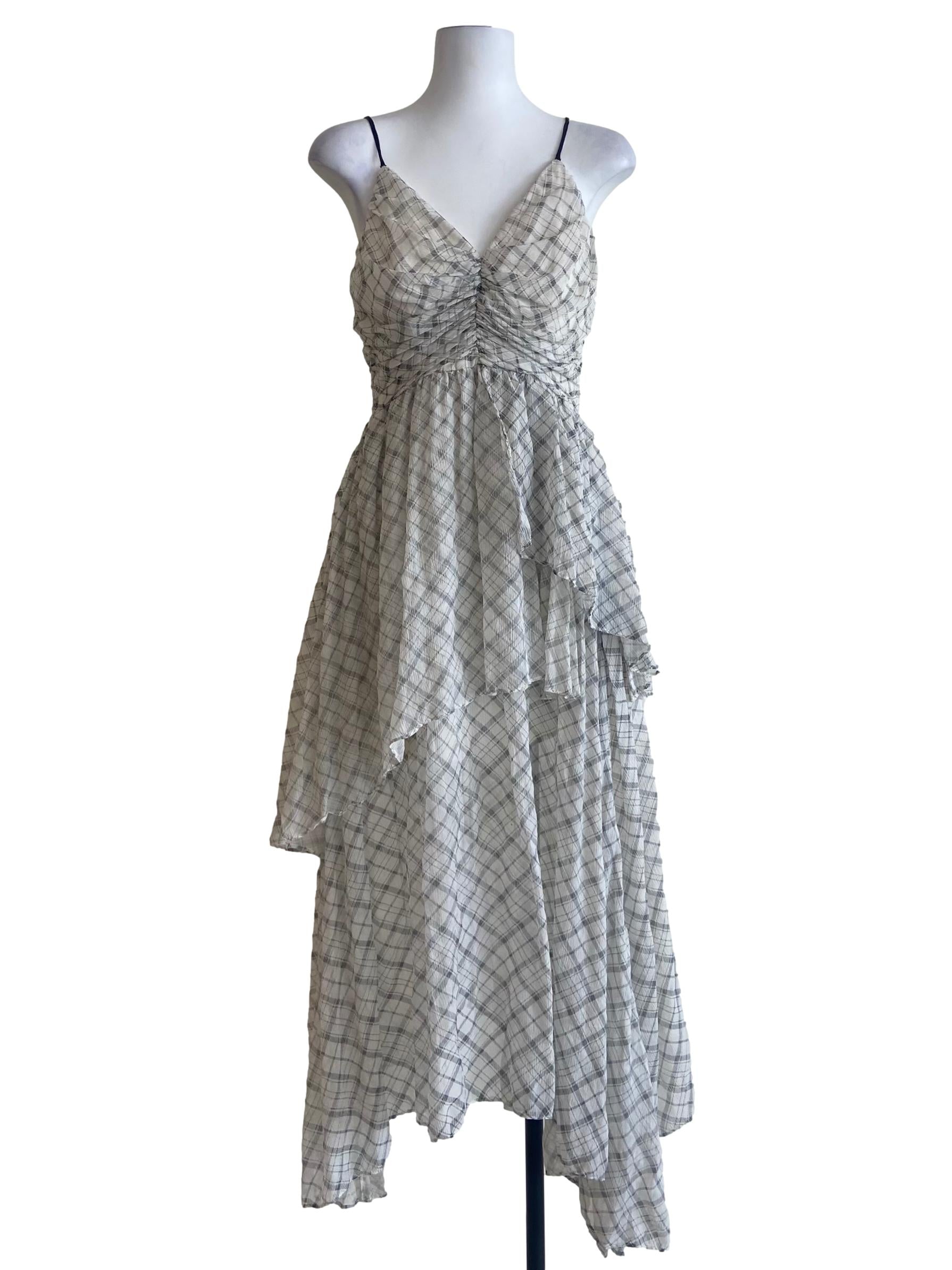 White & Grey Tartan Spaghetti Strap Asymmetric Dress