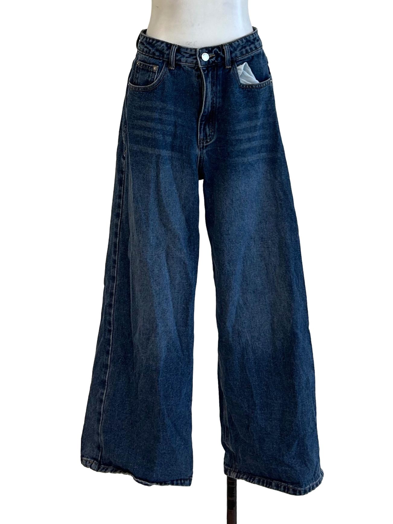 Washed Blue Denim Wide Leg Jeans YHF