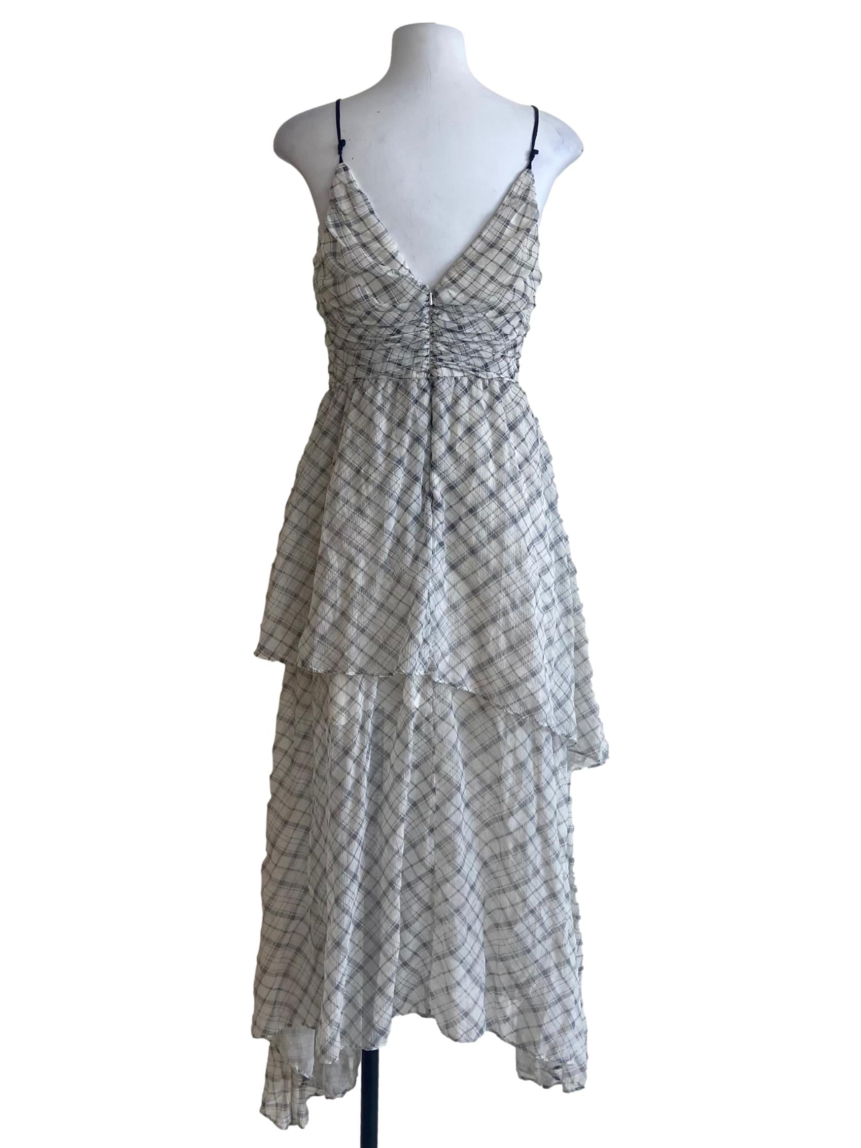 White & Grey Tartan Spaghetti Strap Asymmetric Dress