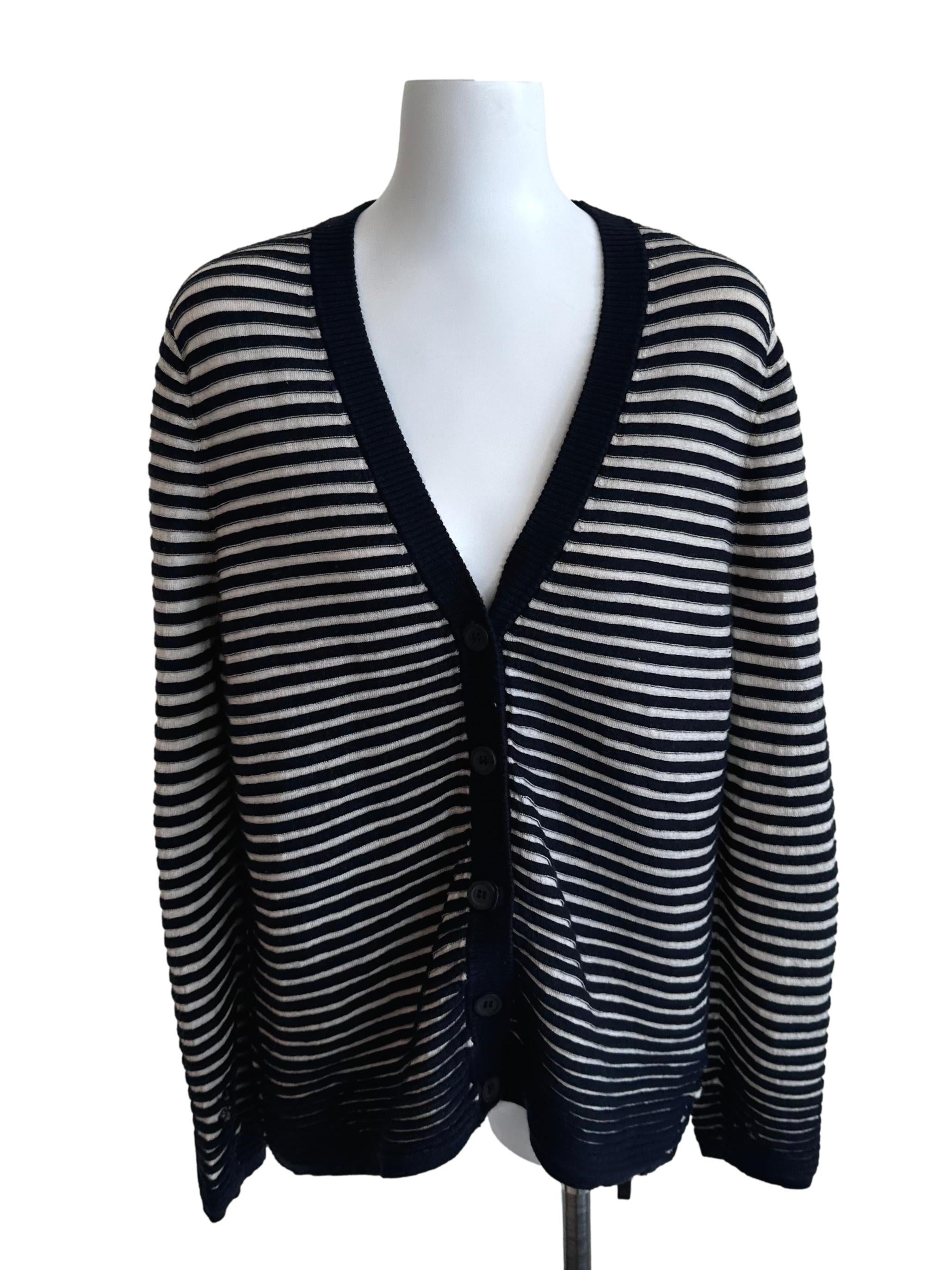 Blue Beige V Neck Stripe Knit Cardigan