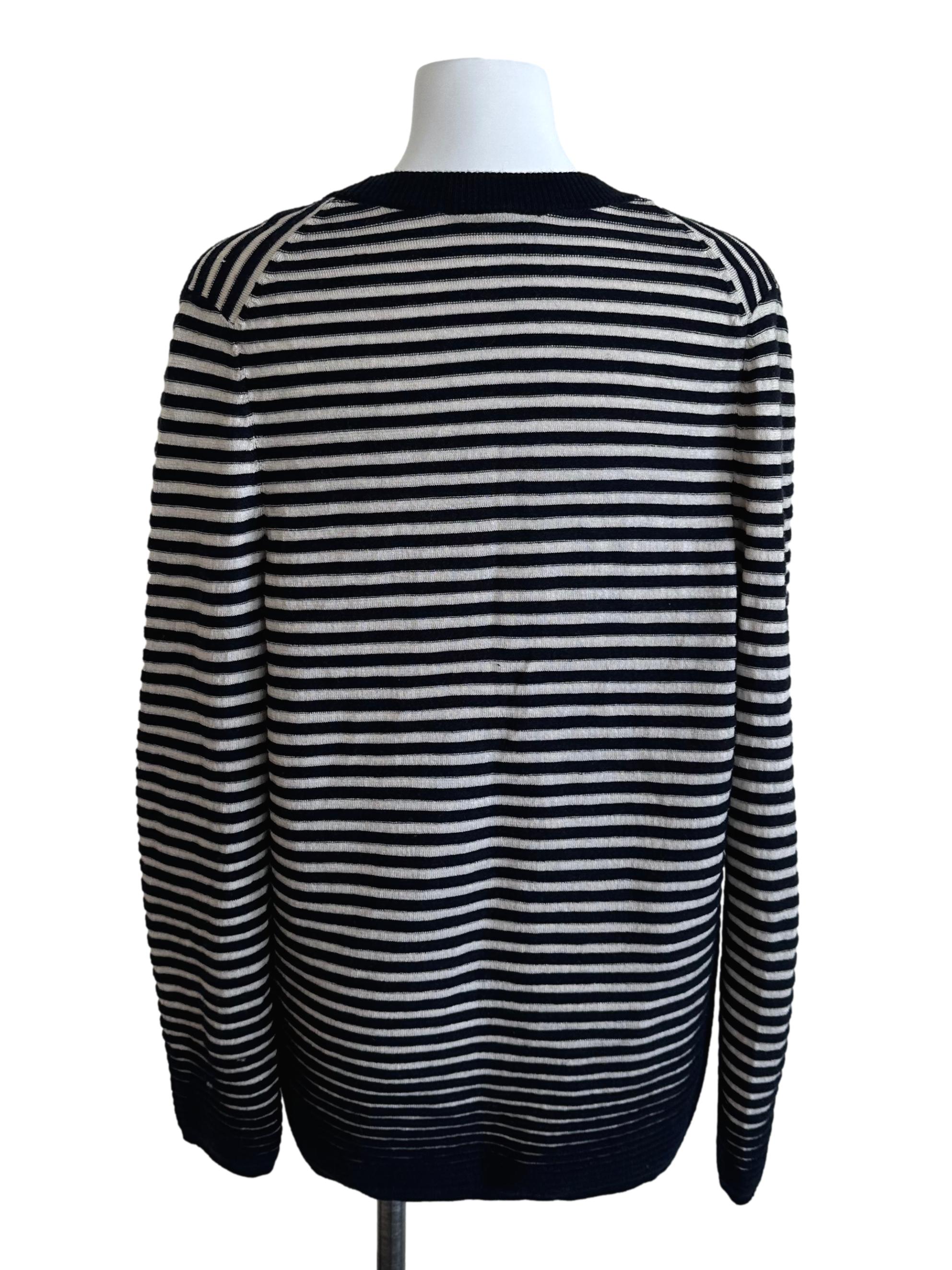 Blue Beige V Neck Stripe Knit Cardigan