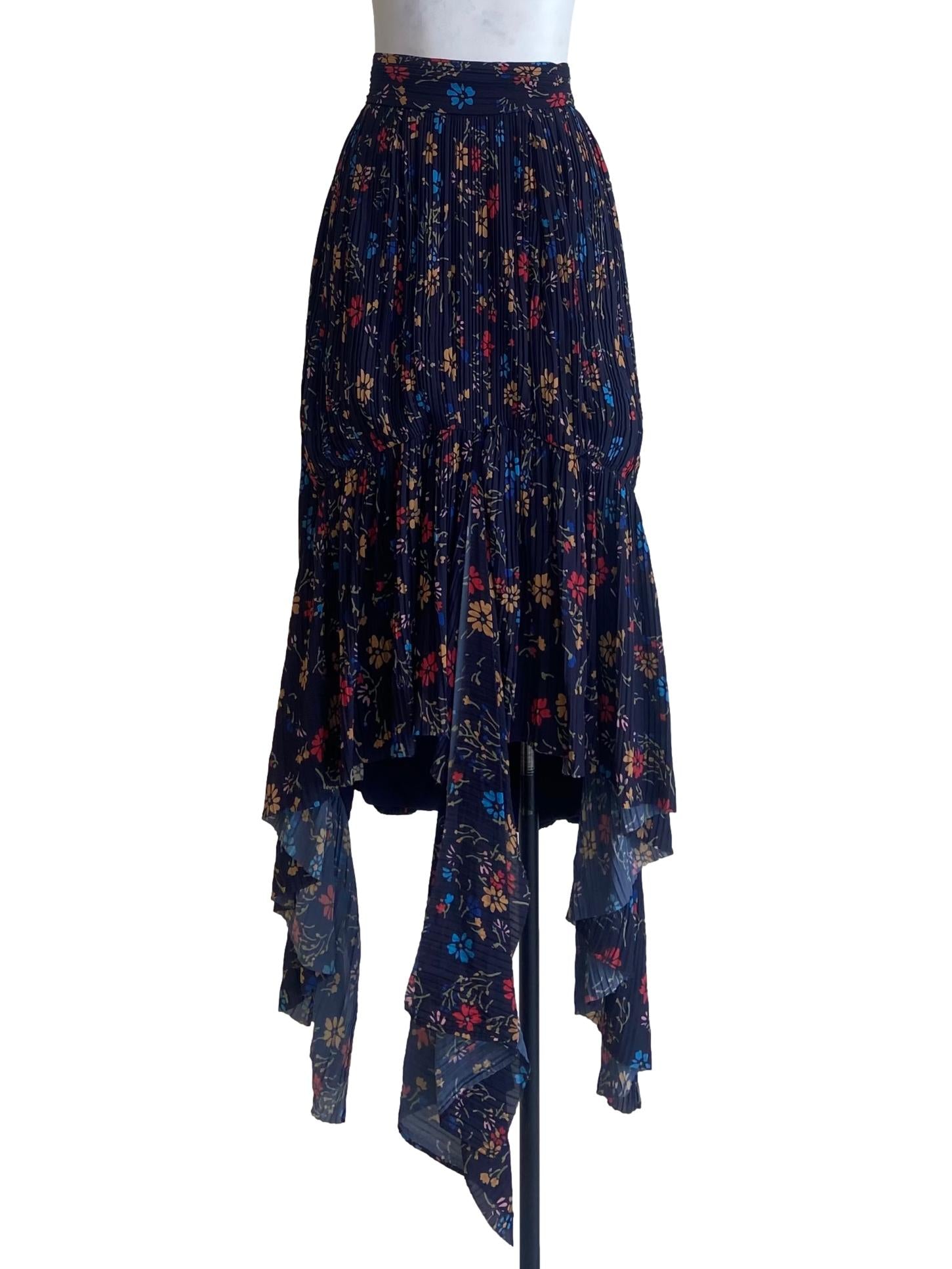 Navy Blue Floral Pleated Asymmetric Skirt