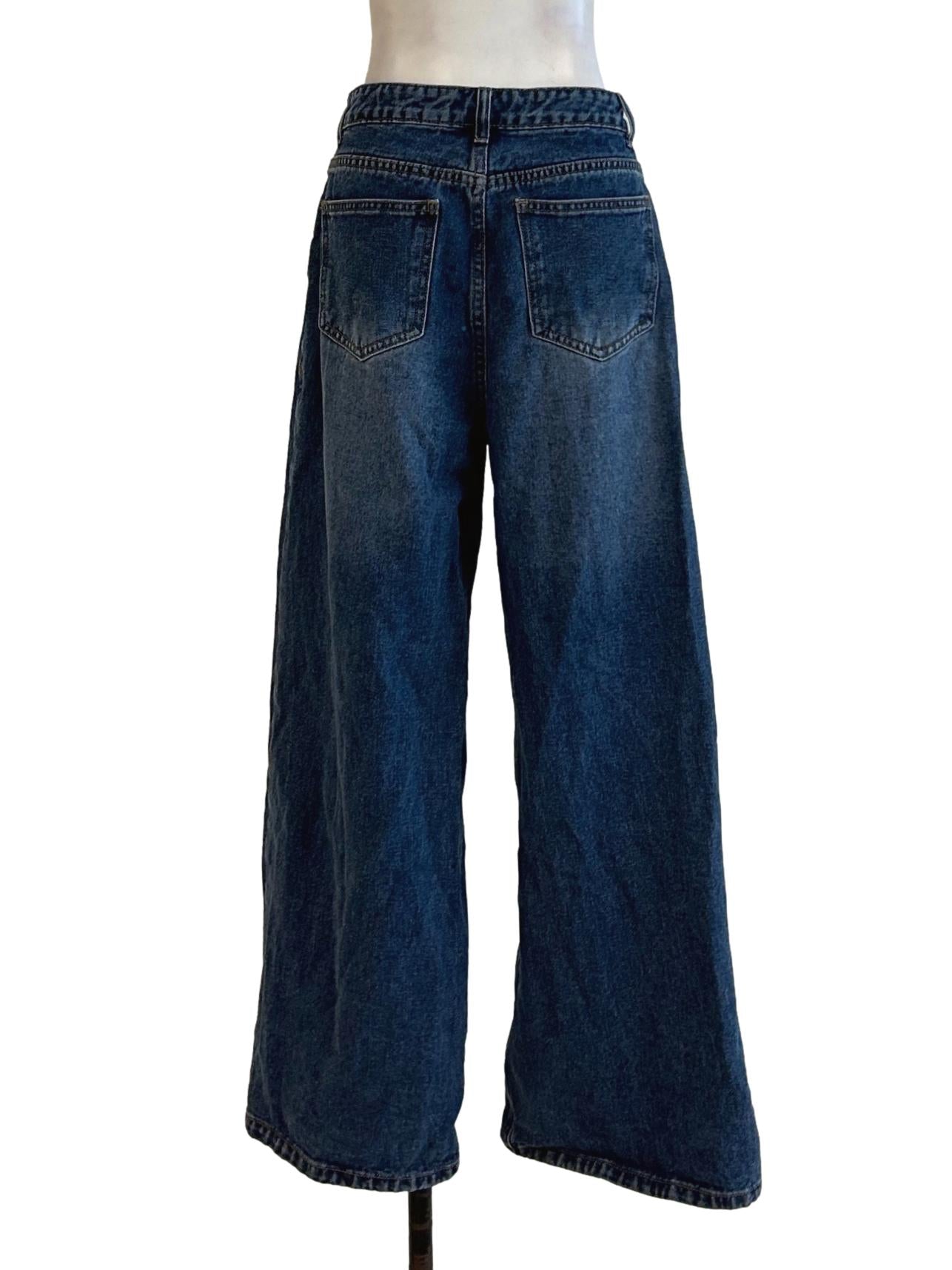 Washed Blue Denim Wide Leg Jeans YHF