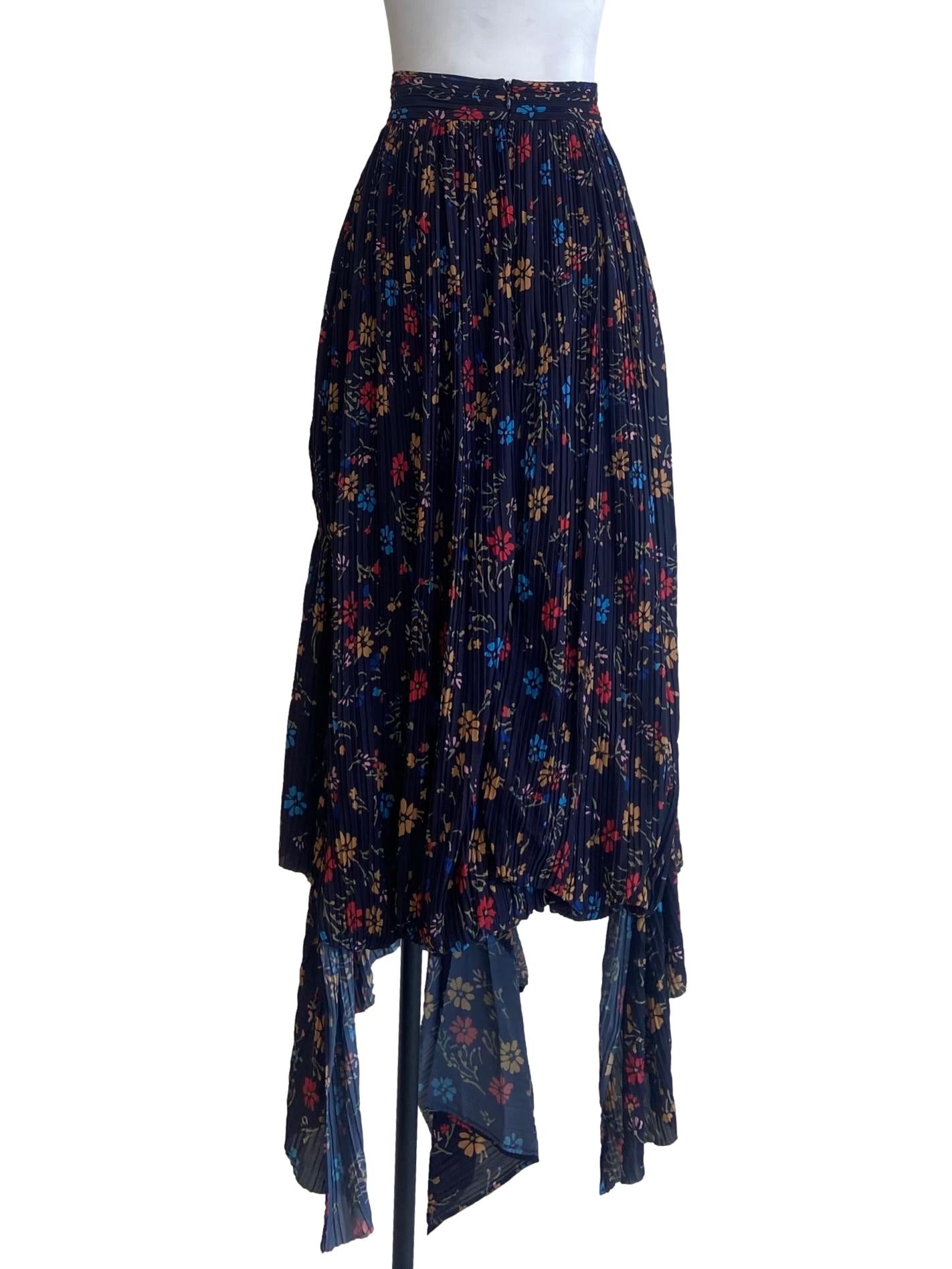 Navy Blue Floral Pleated Asymmetric Skirt