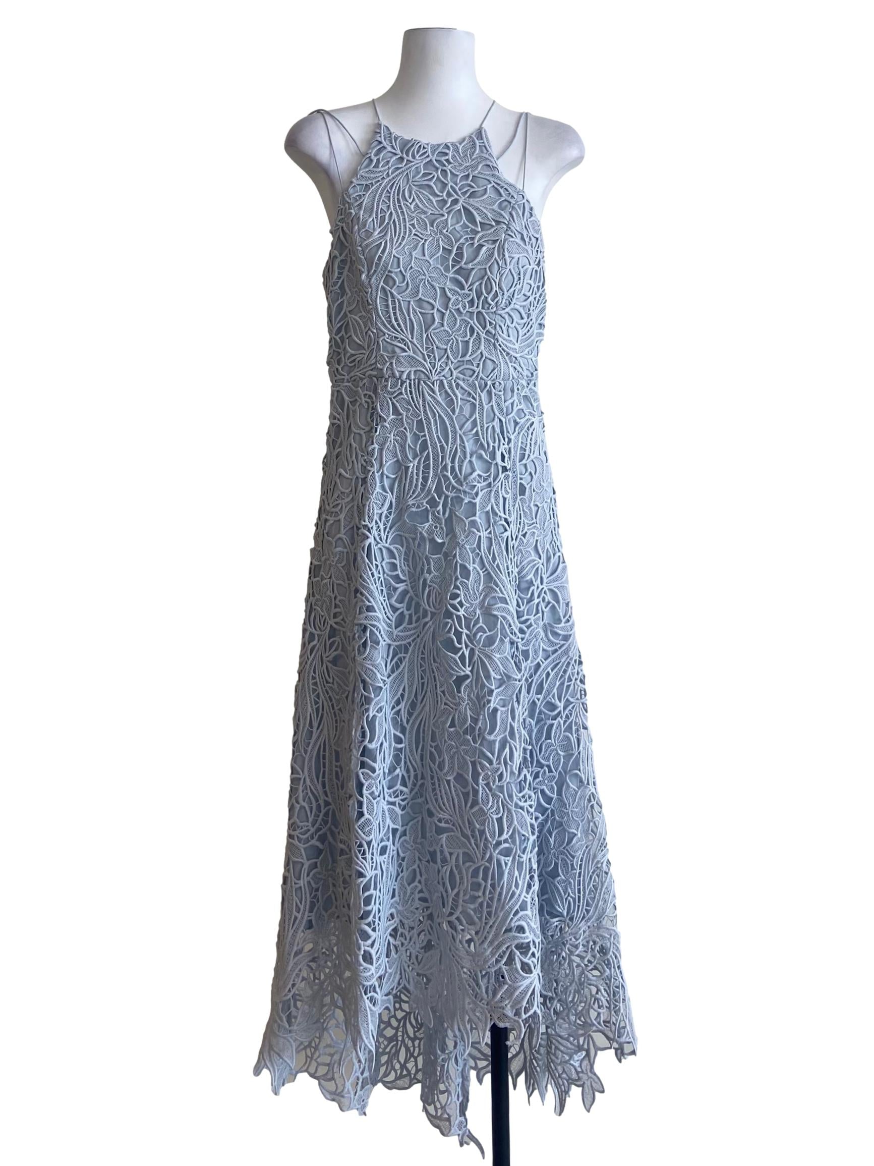 Frost Blue Floral Lace Spaghetti Strap Empire Dress