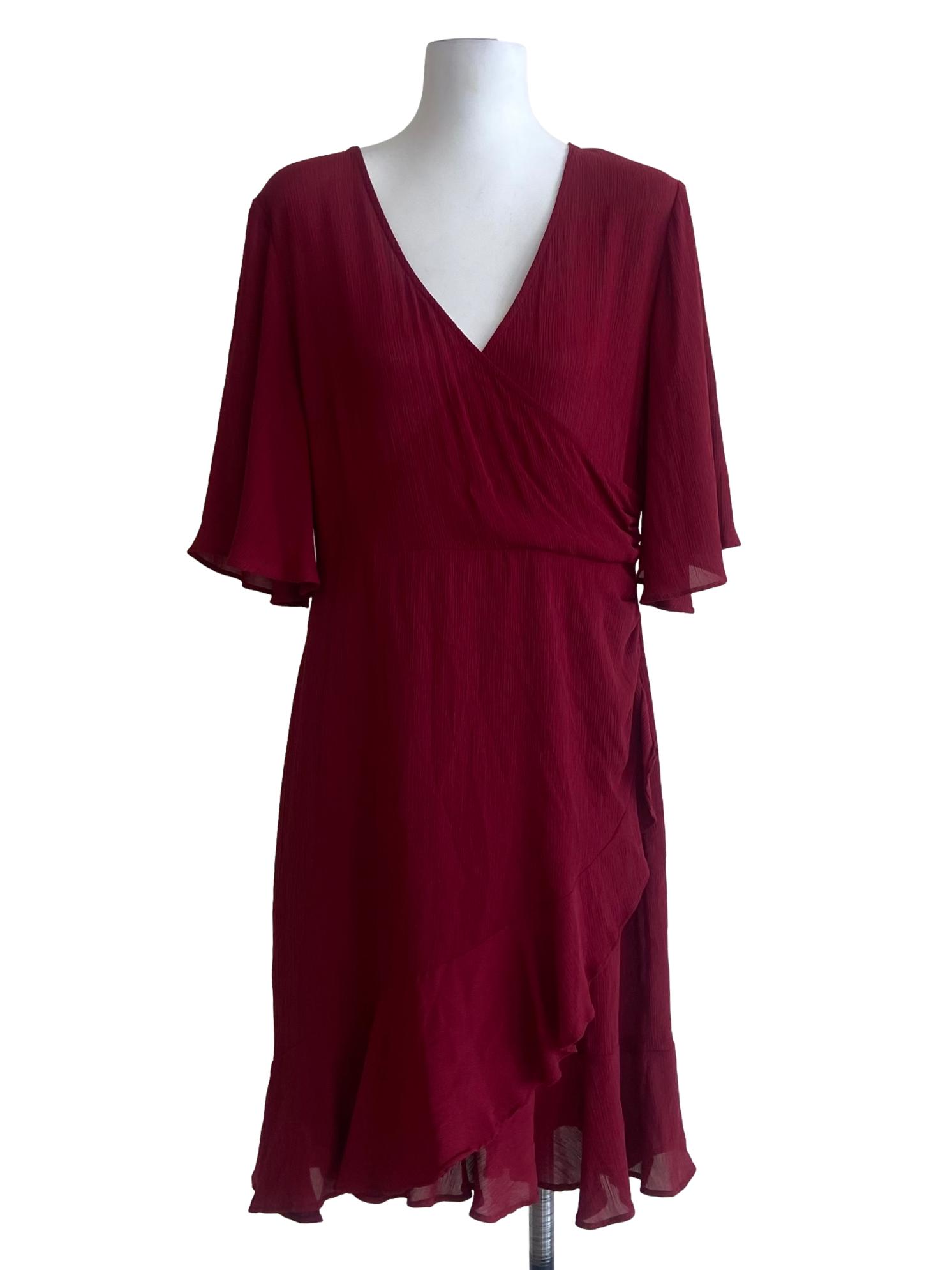 Crimson V-Neck Asymmetric Ruffled Dress