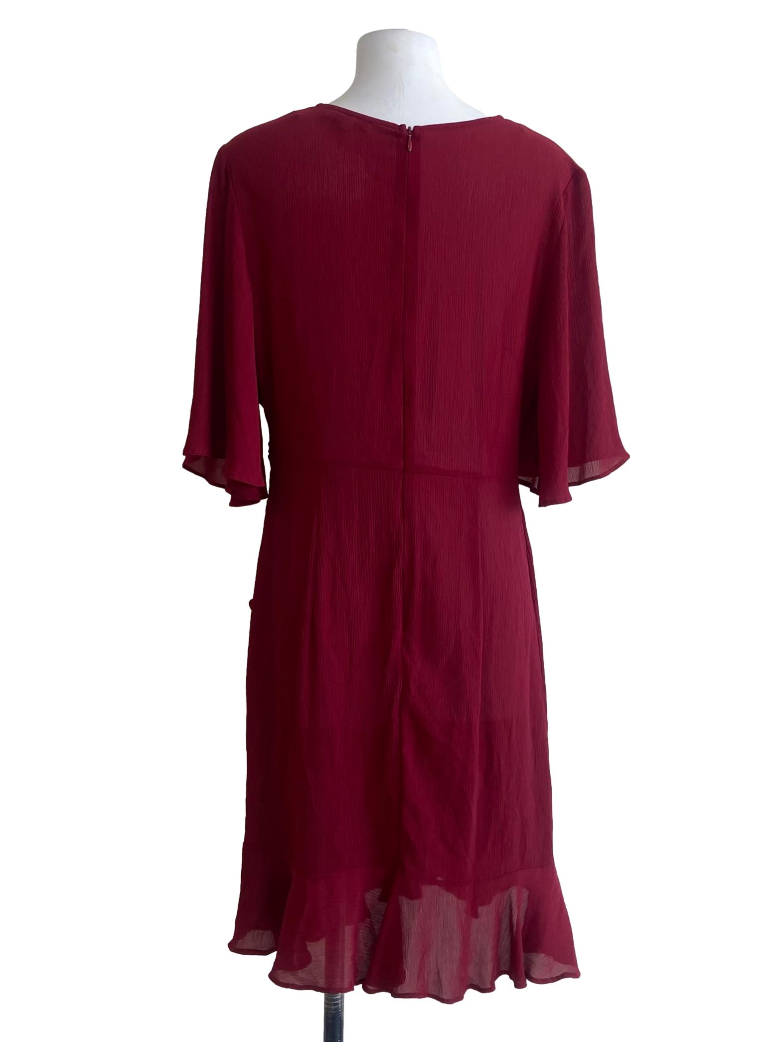 Crimson V-Neck Asymmetric Ruffled Dress