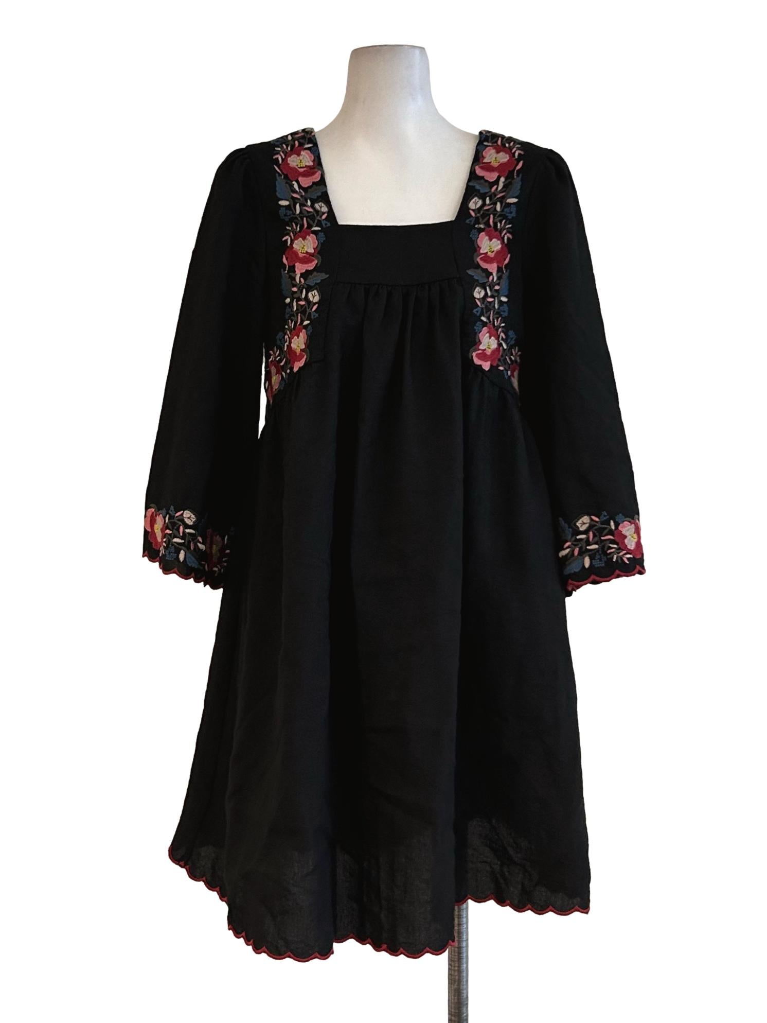 Black Folk Floral Embroidered Dress