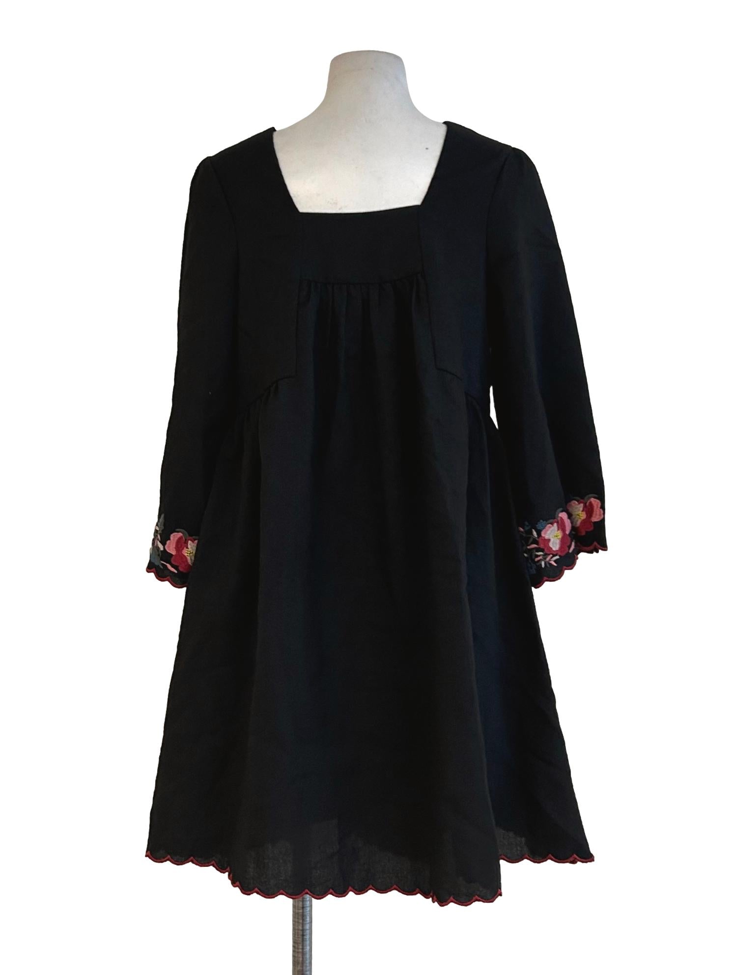 Black Folk Floral Embroidered Dress