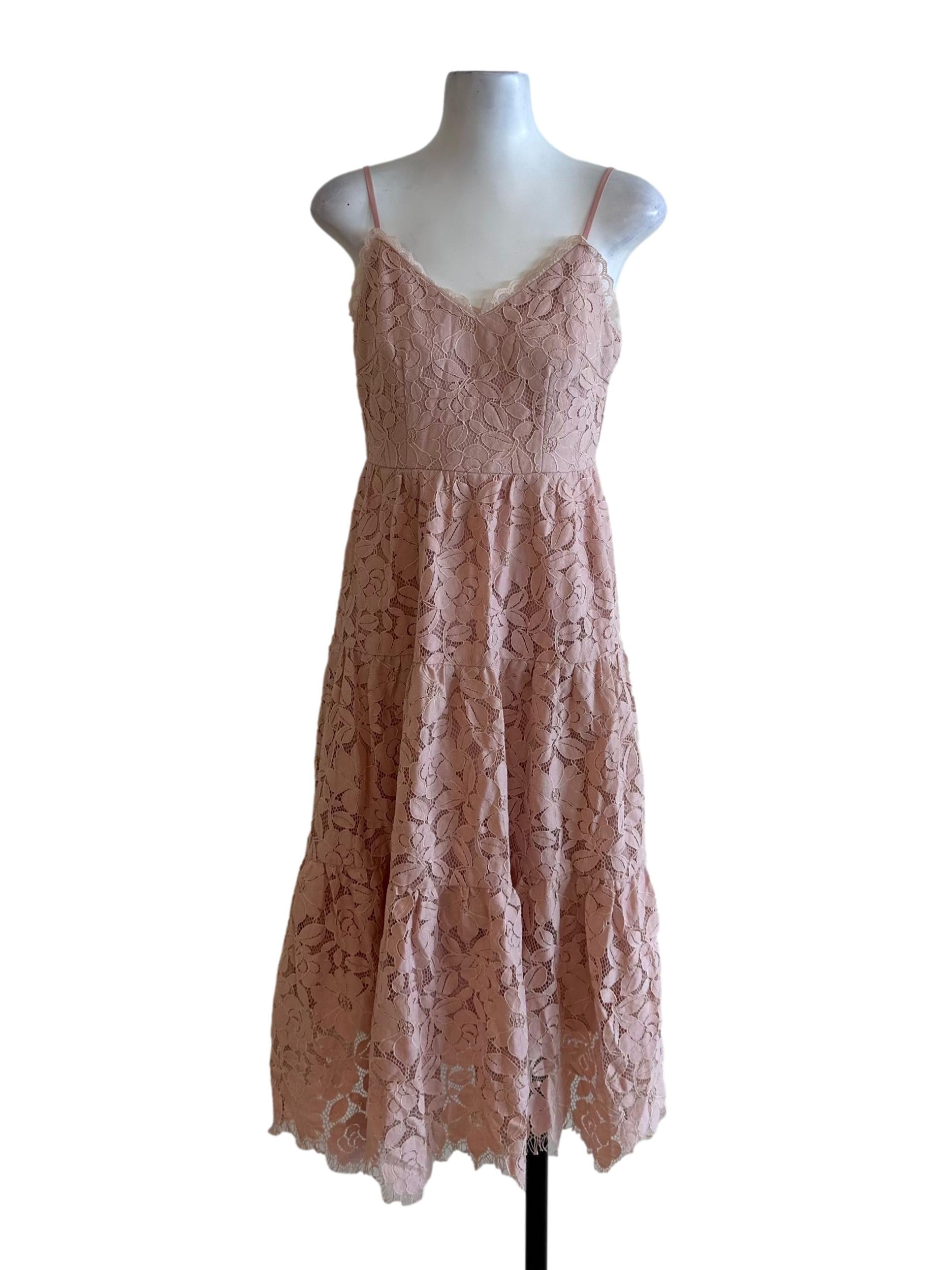Light Pink Lace Tiered V Neck Dress