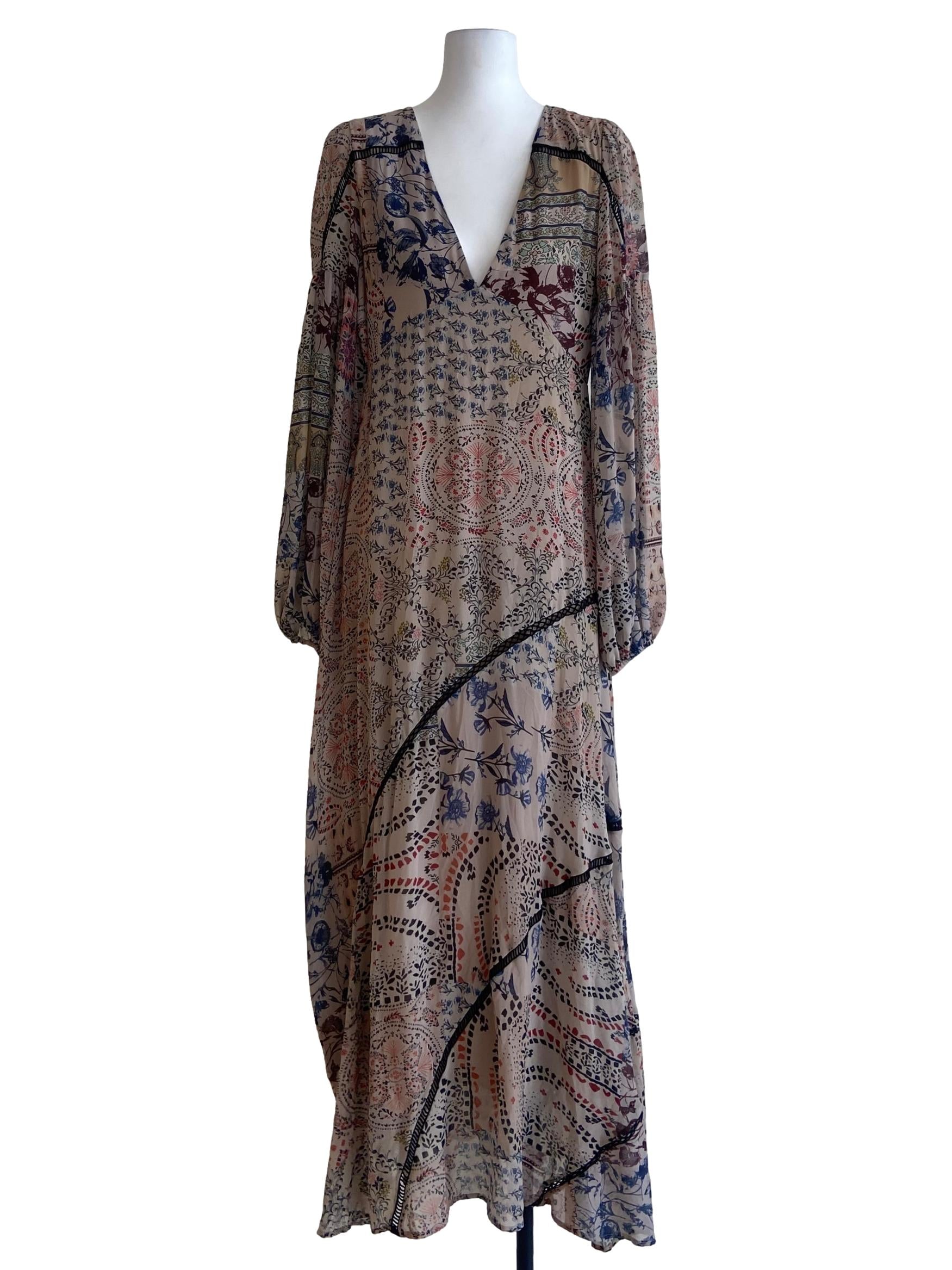 Bone Beige & Floral V-Neck Empire Dress