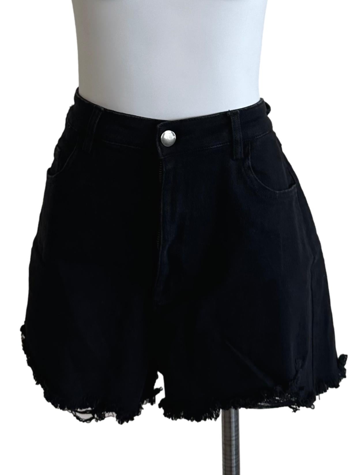 Rich Black Denim Ripped Shorts
