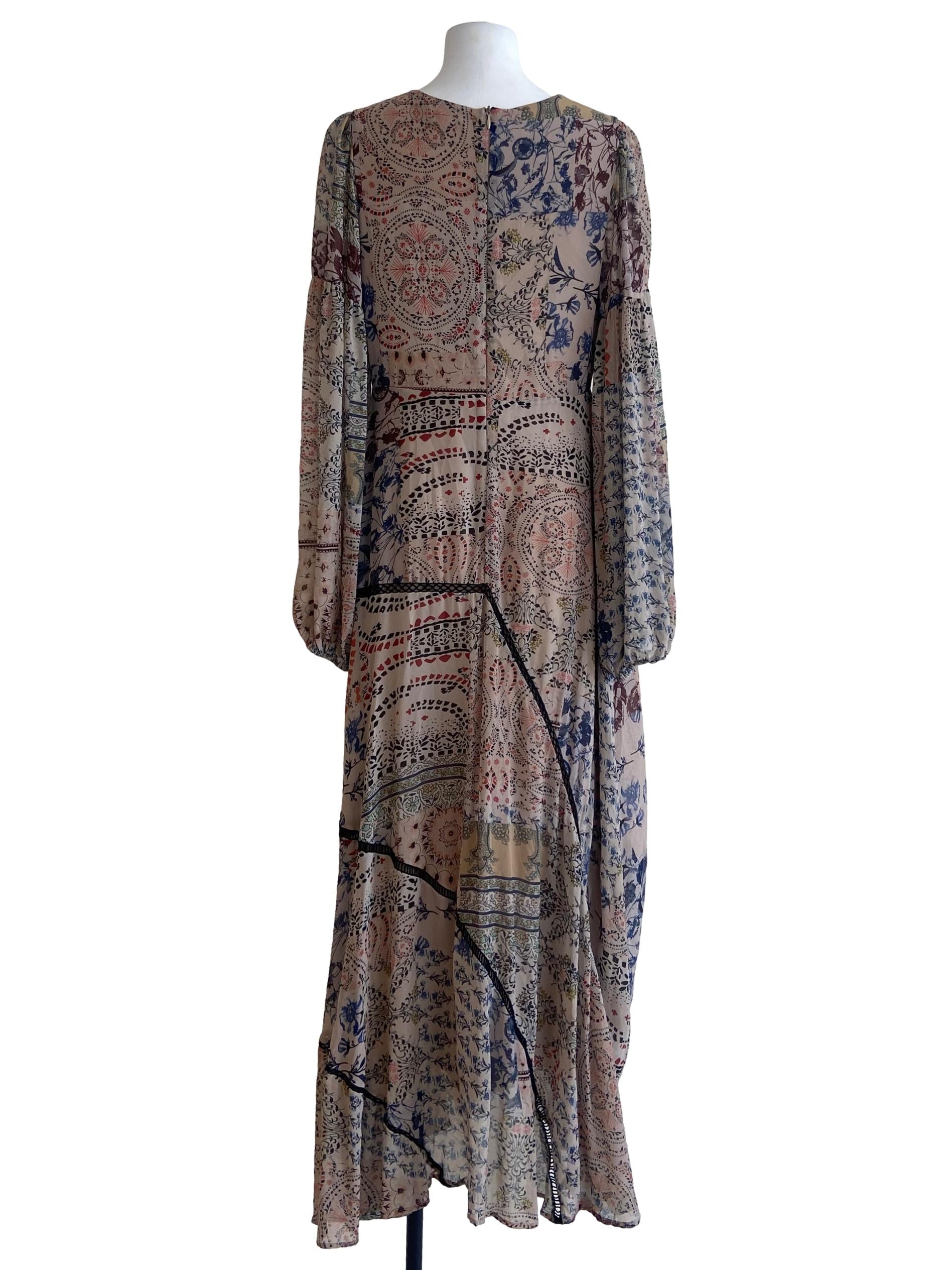 Bone Beige & Floral V-Neck Empire Dress