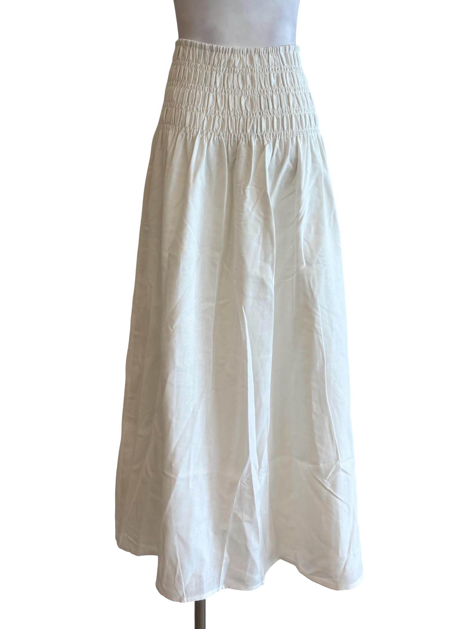 Powder White Smocked Waist Flare Skirt
