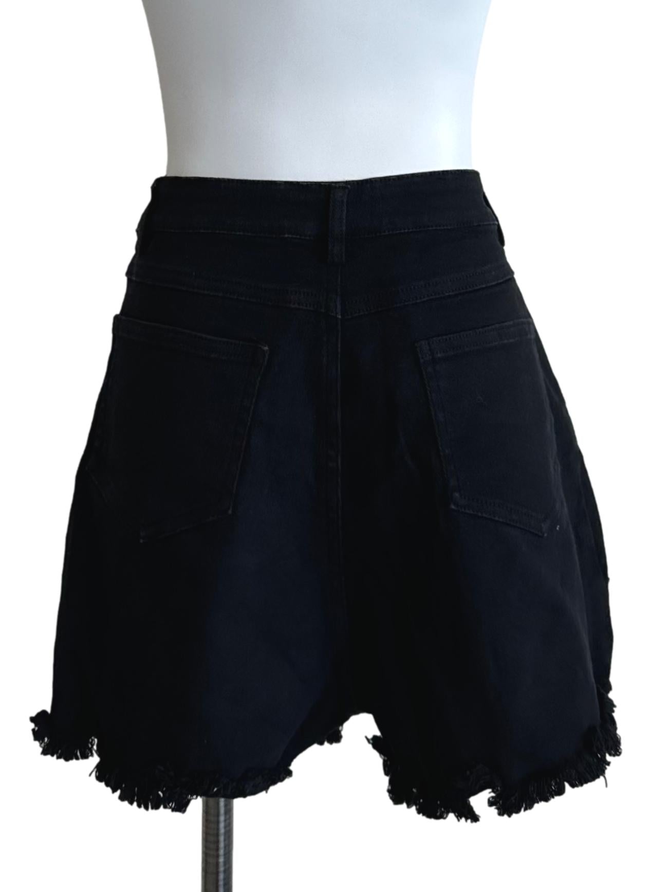 Rich Black Denim Ripped Shorts