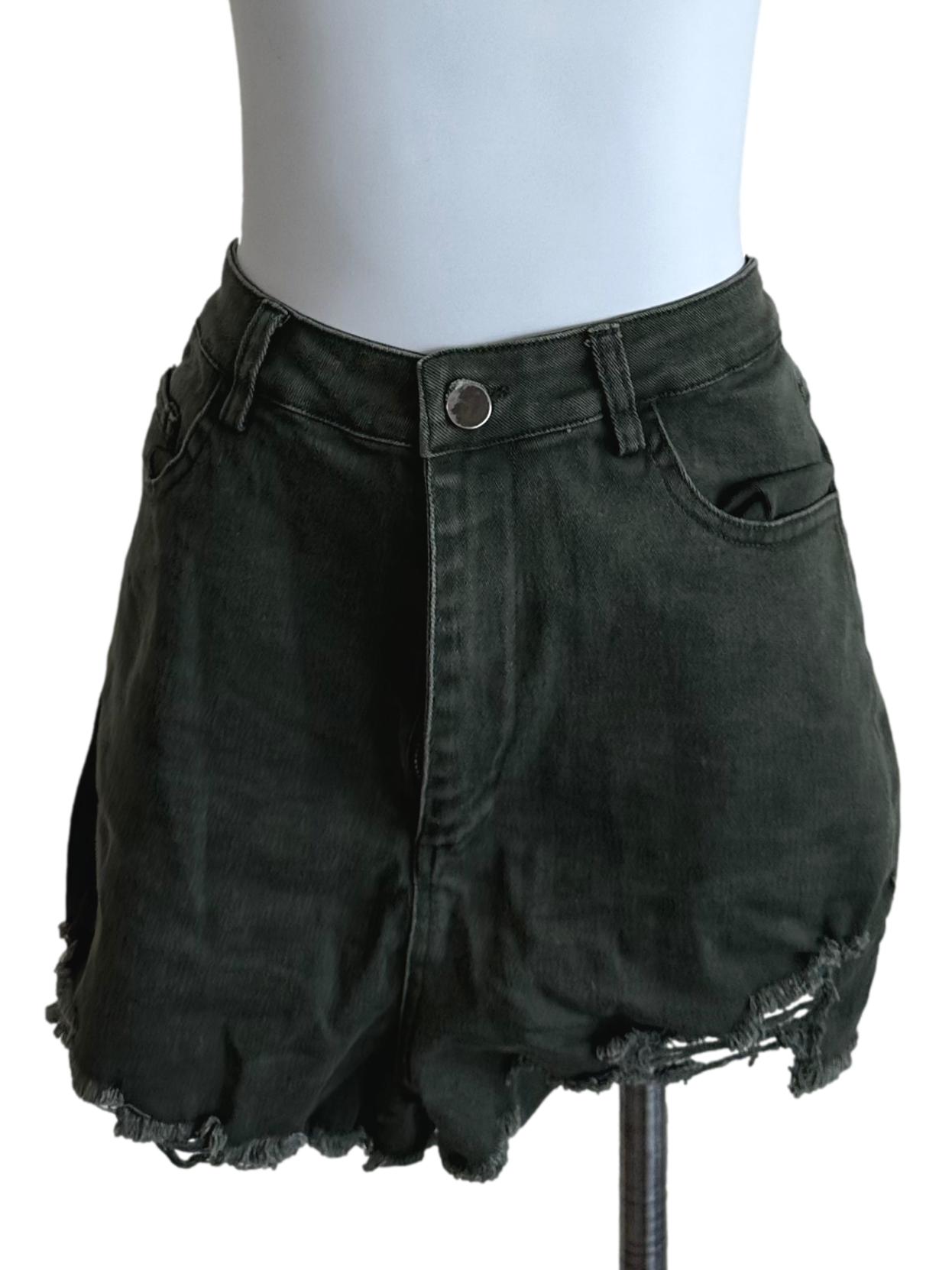 Moss Green Denim Ripped Shorts