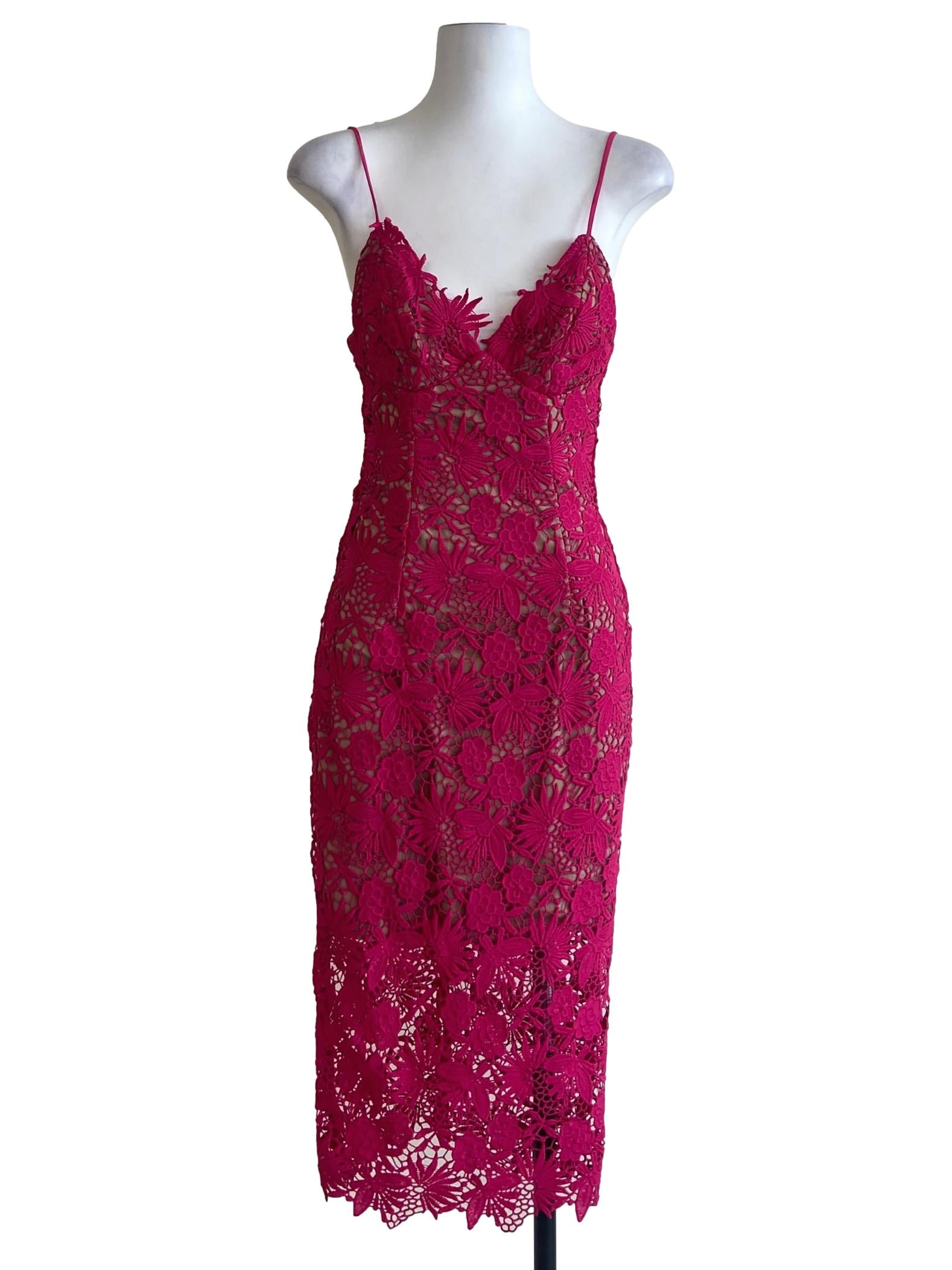 Hot Pink Floral Lace Spaghetti Strap Bodycon Dress
