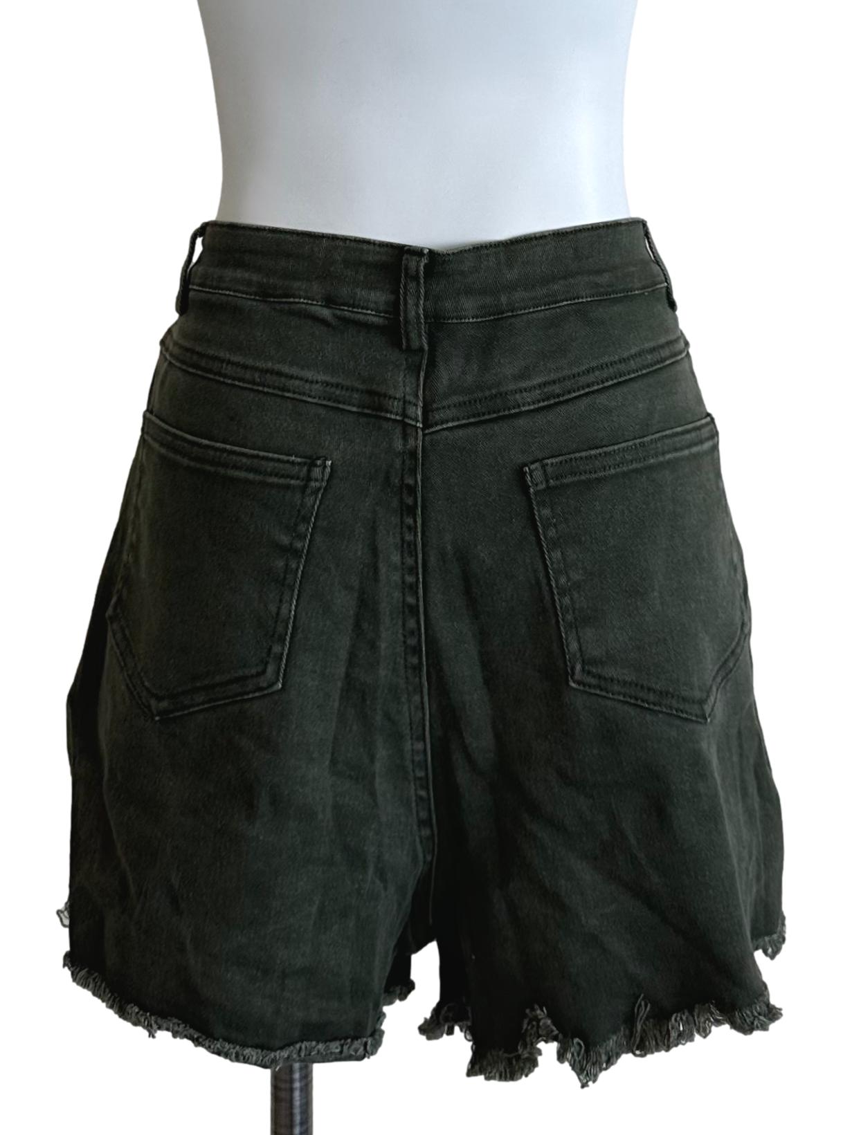 Moss Green Denim Ripped Shorts