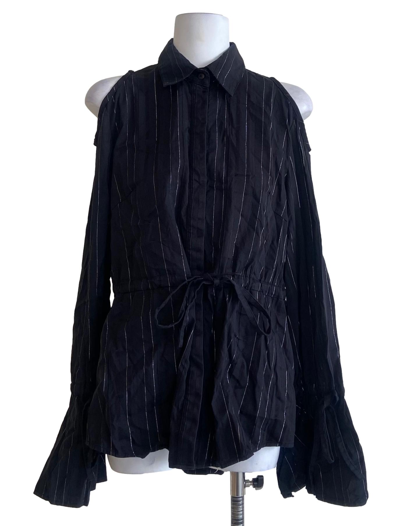 Black Stripe Button Down Drop Shoulder Blouse