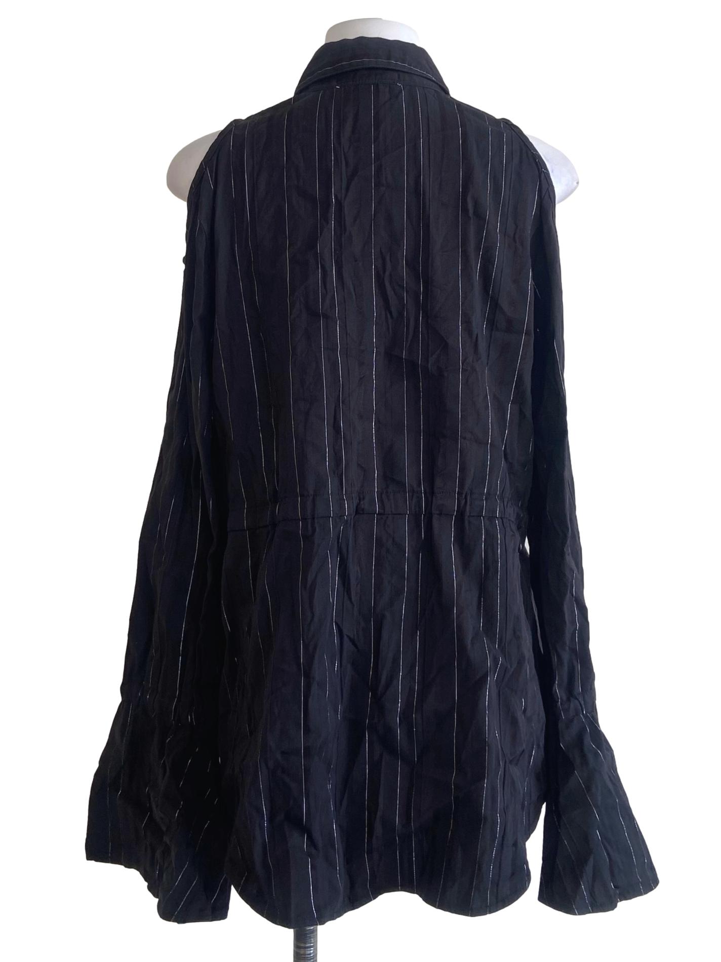 Black Stripe Button Down Drop Shoulder Blouse