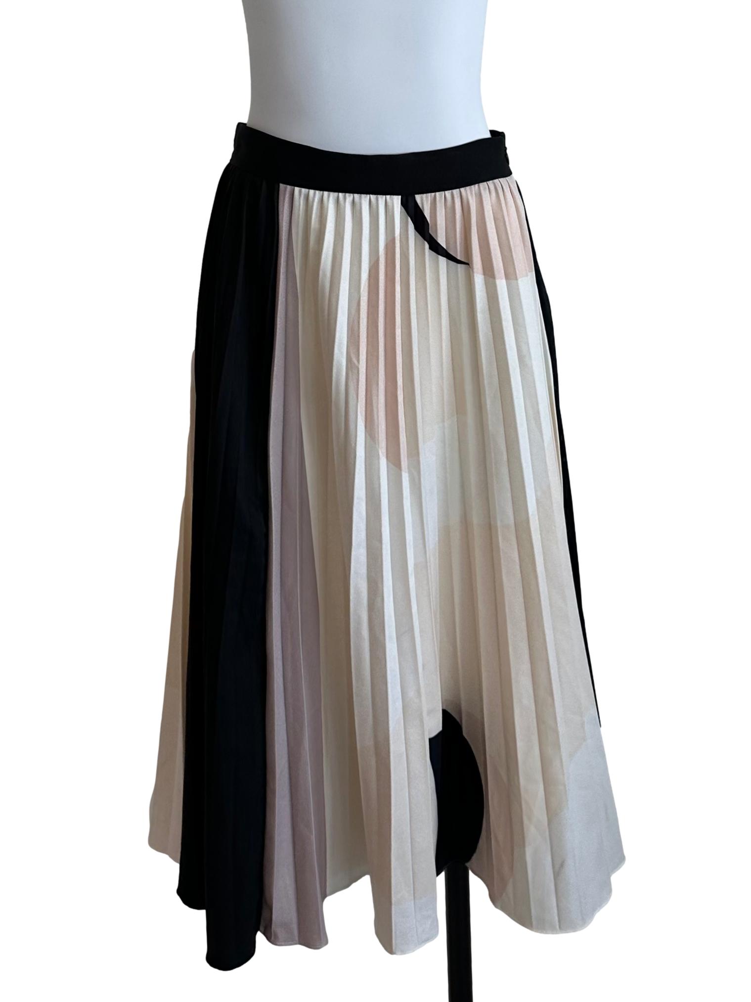 Cream Black Pattern Pleated Skirt