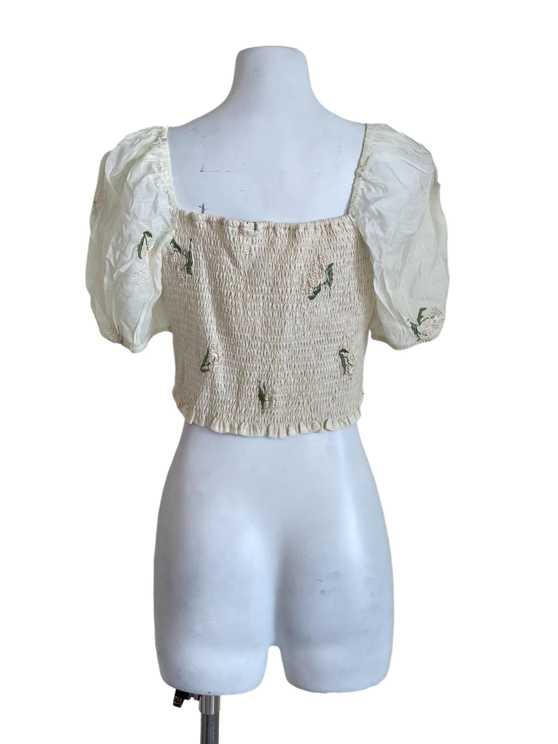 Cream Floral Puff Sleeves Crop Top