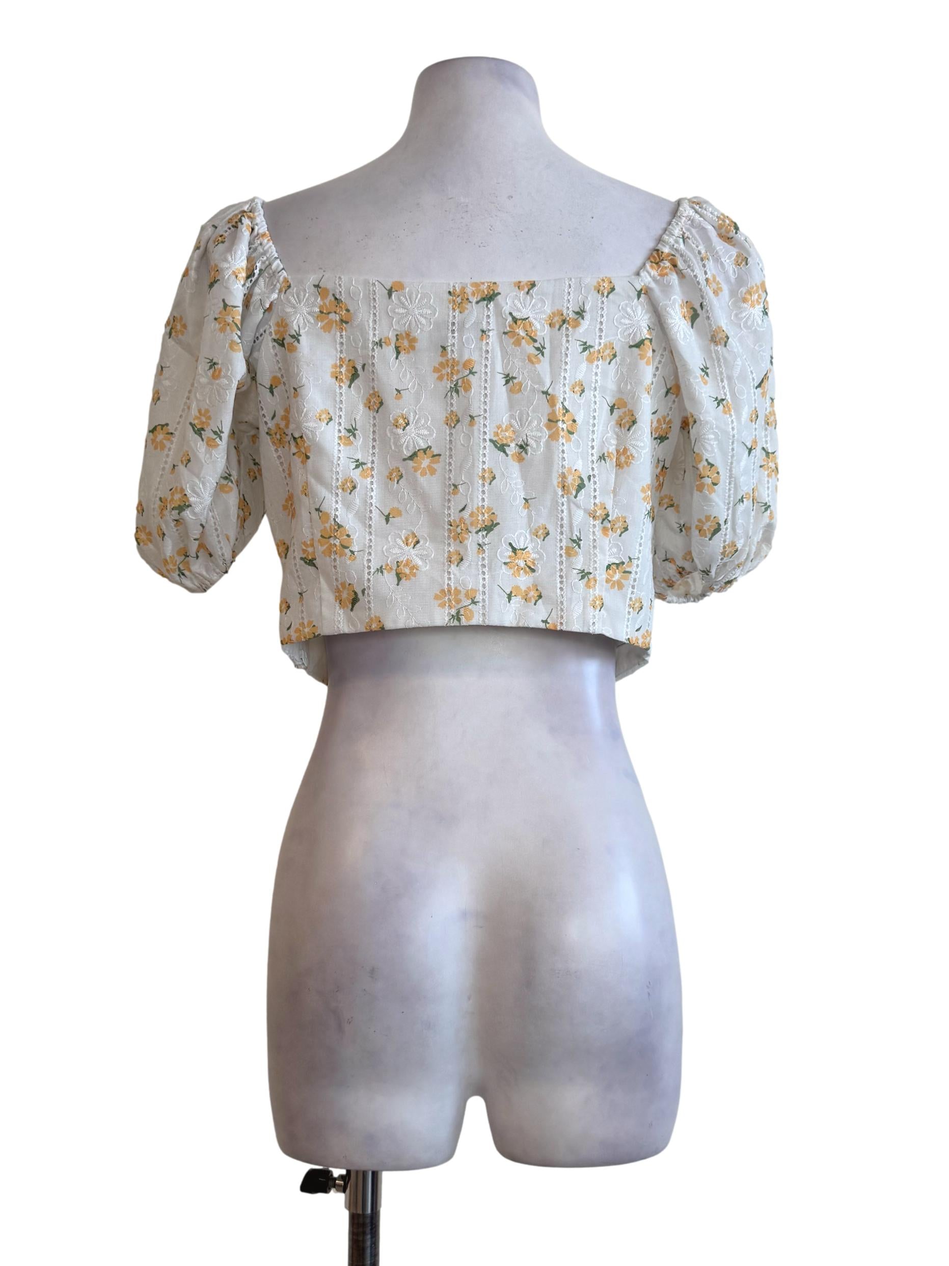 Cotton White With Magnolia Yellow Eyelet Crop Top