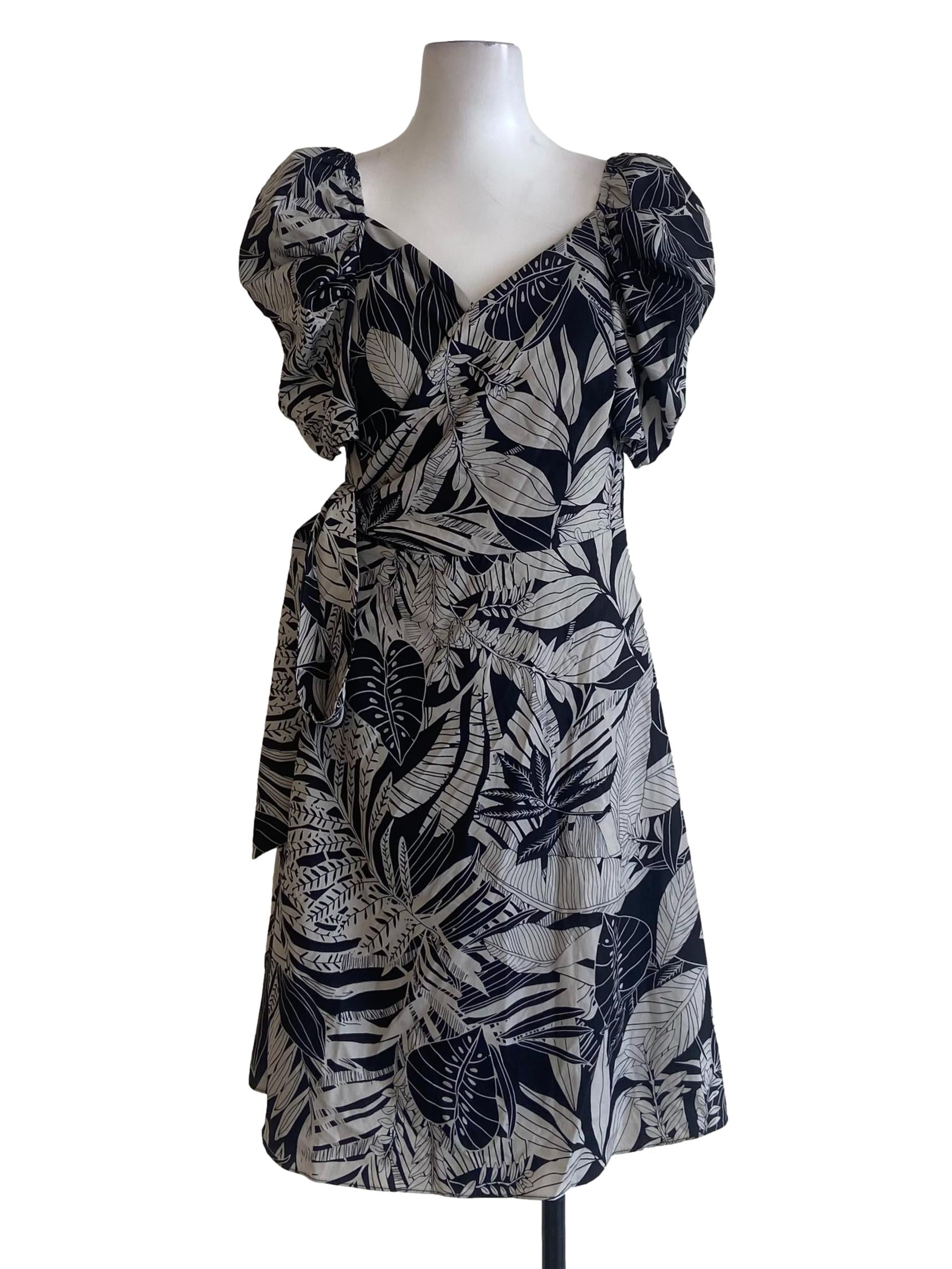 Black Floral V Neck Wrap Dress