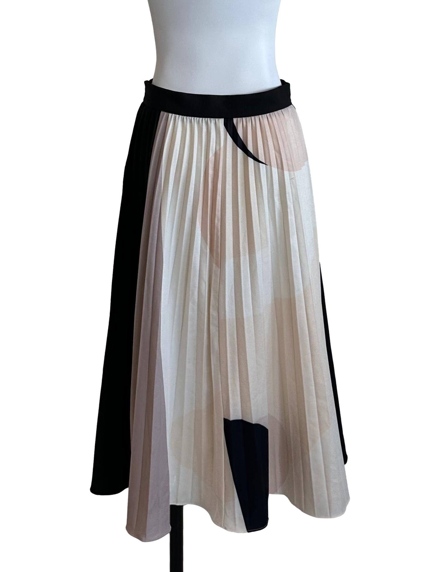 Cream Black Pattern Pleated Skirt
