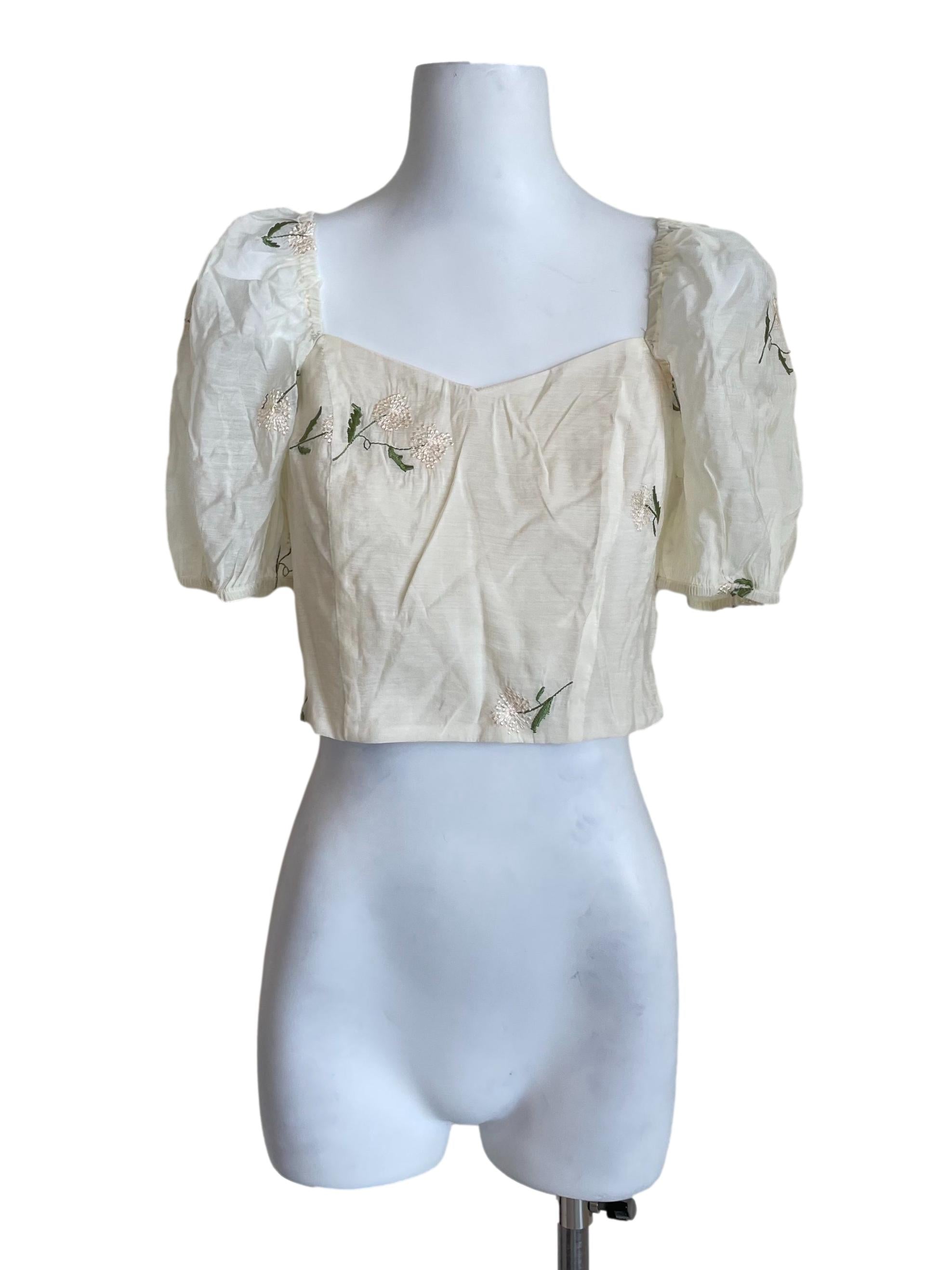 Cream Floral Puff Sleeves Crop Top