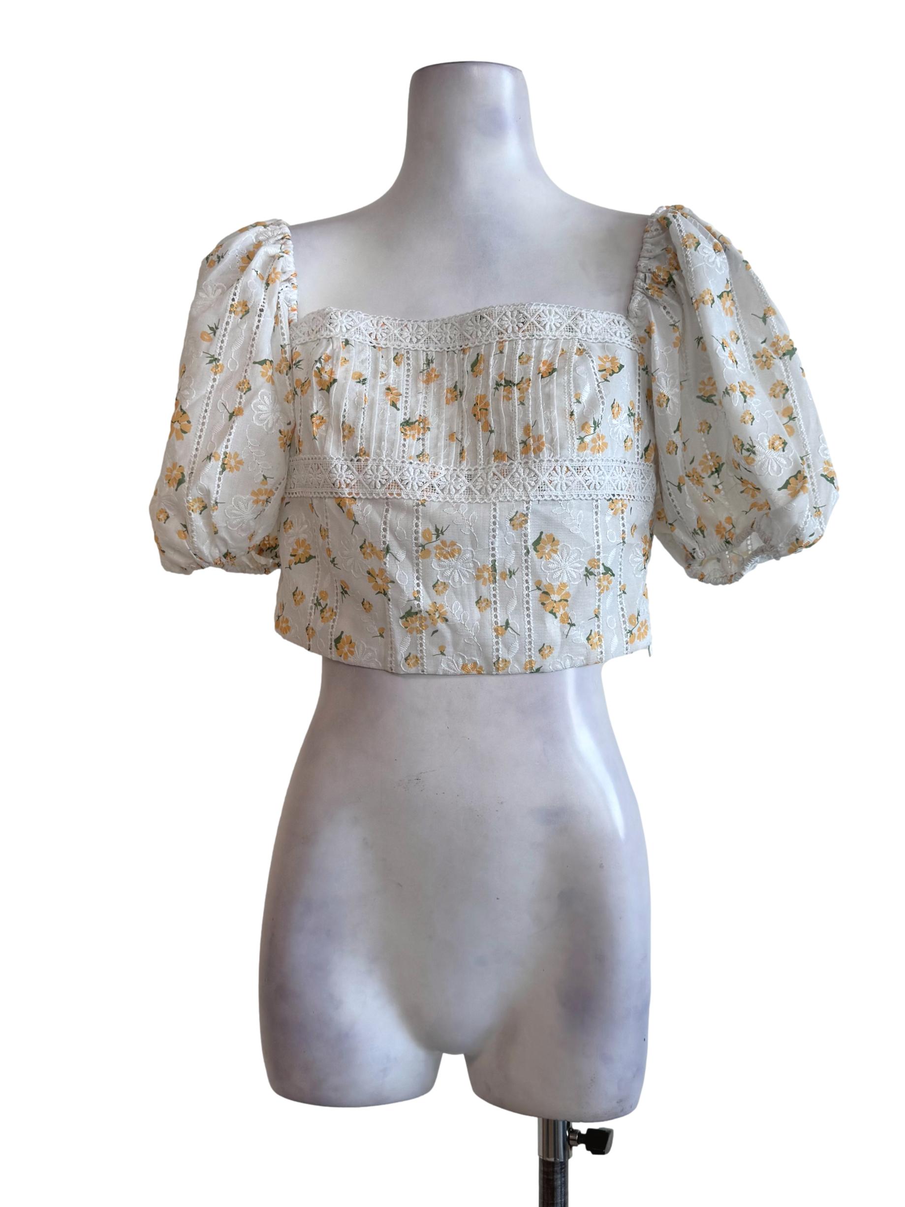 Cotton White With Magnolia Yellow Eyelet Crop Top