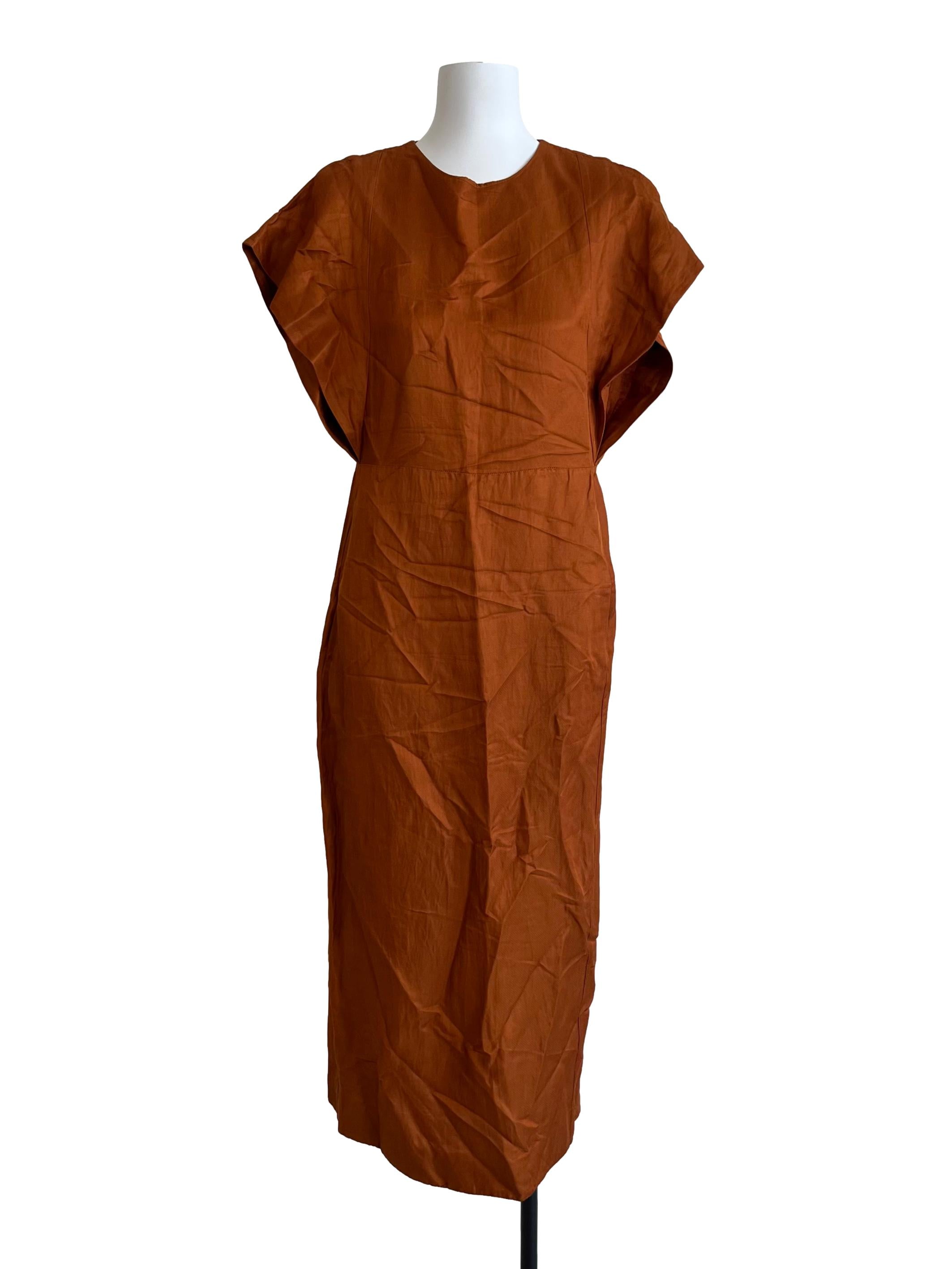 Brick Brown Minimalist Round Neck Midi Dress