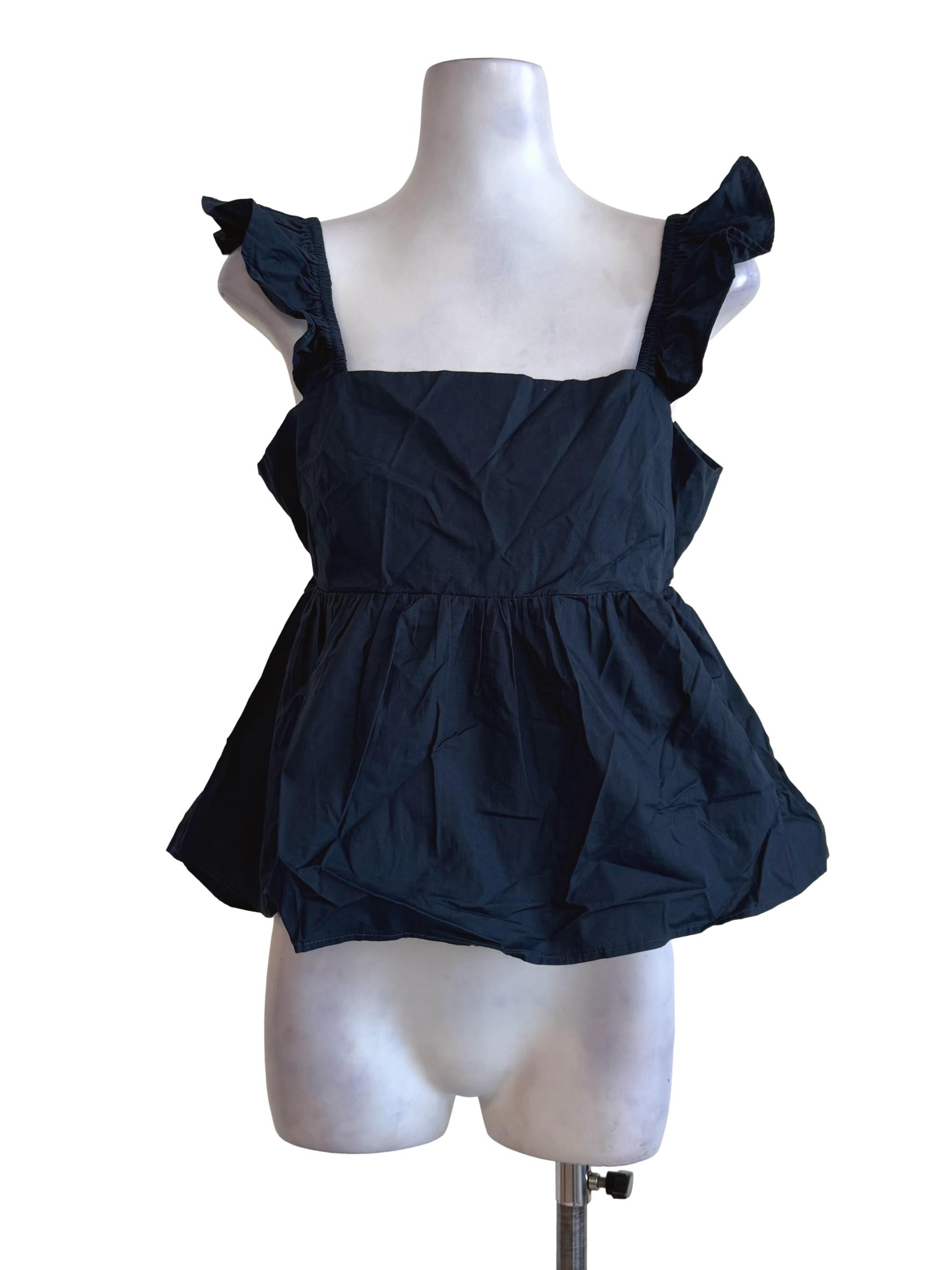 Navy Blue Square Neck Ruffled Sleeve Crop Top