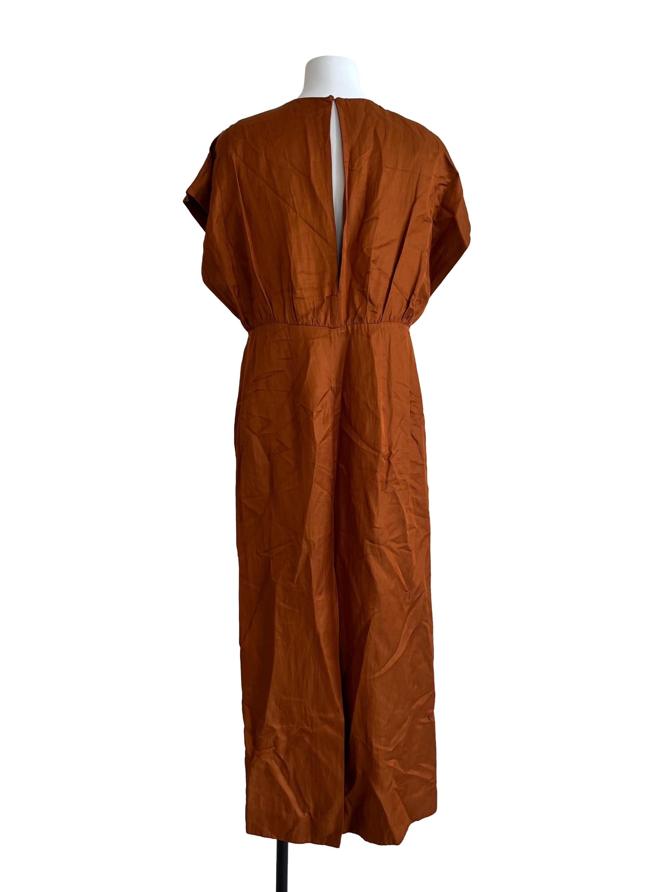 Brick Brown Minimalist Round Neck Midi Dress