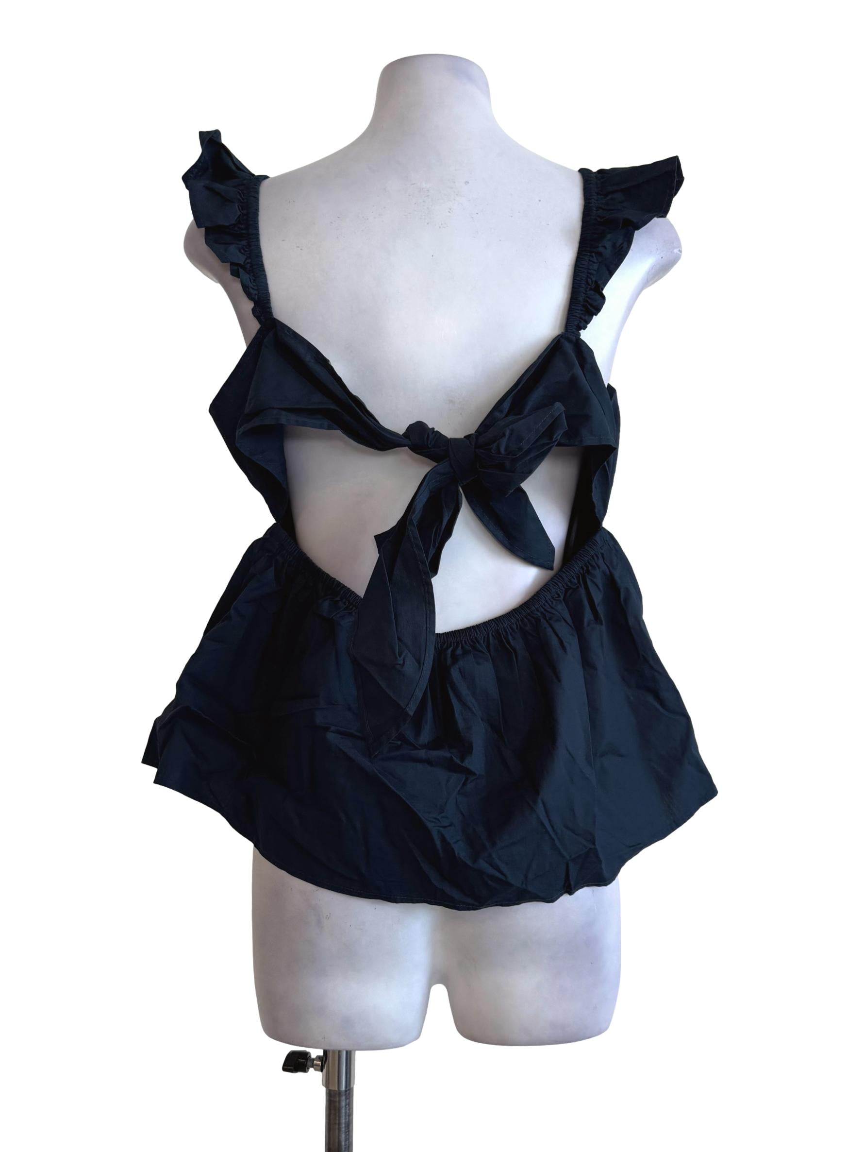 Navy Blue Square Neck Ruffled Sleeve Crop Top