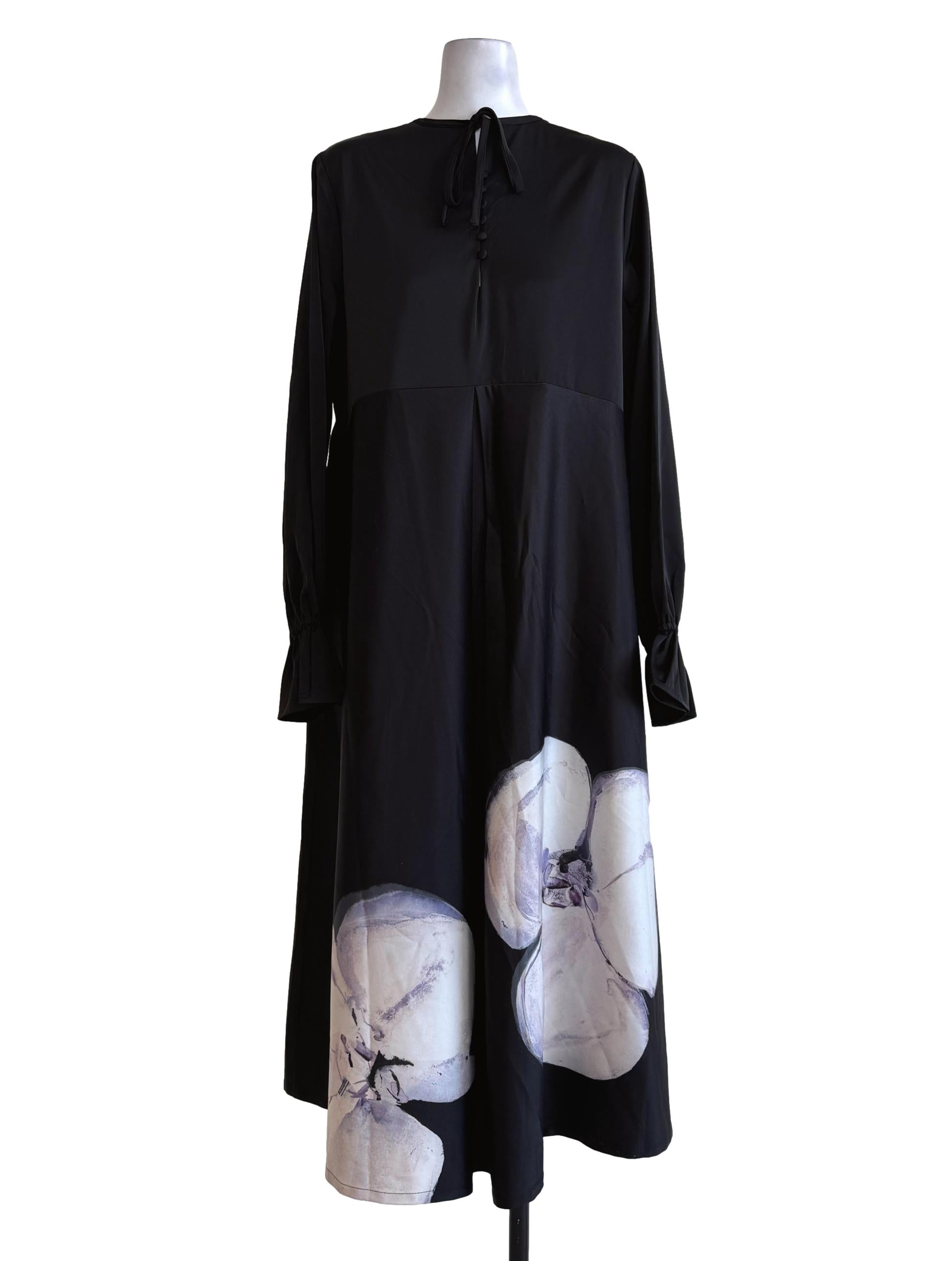 Shiny Midnight Black With Lilac-White Flower Print Long Sleeve Dress