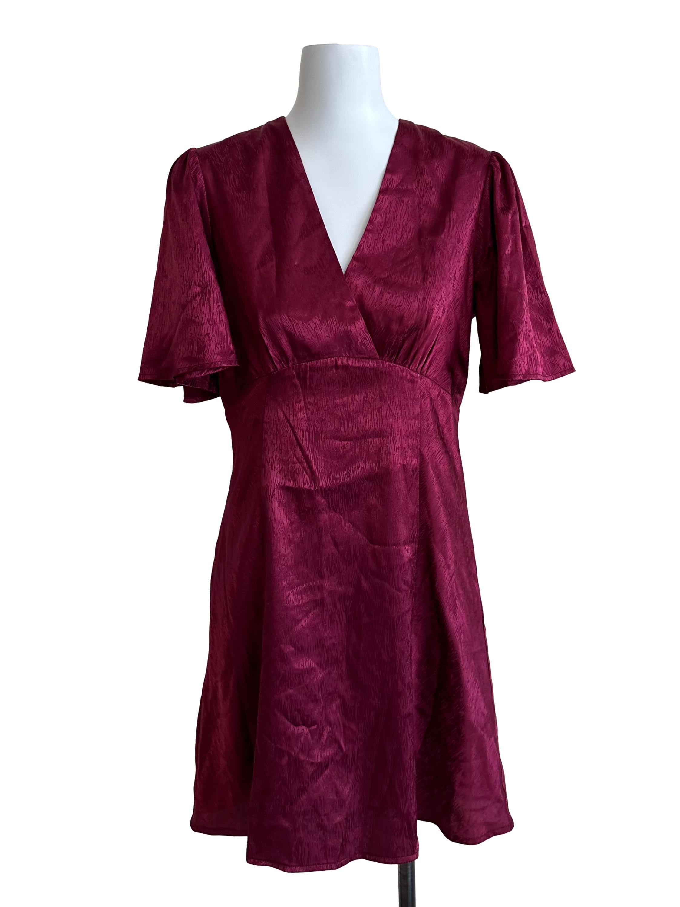 Burgundy Red Satin Textured V Neck Dress