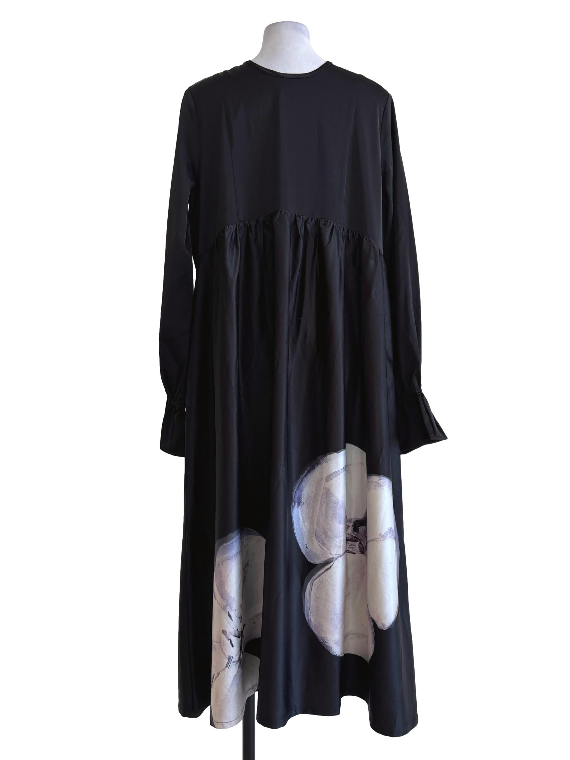 Shiny Midnight Black With Lilac-White Flower Print Long Sleeve Dress