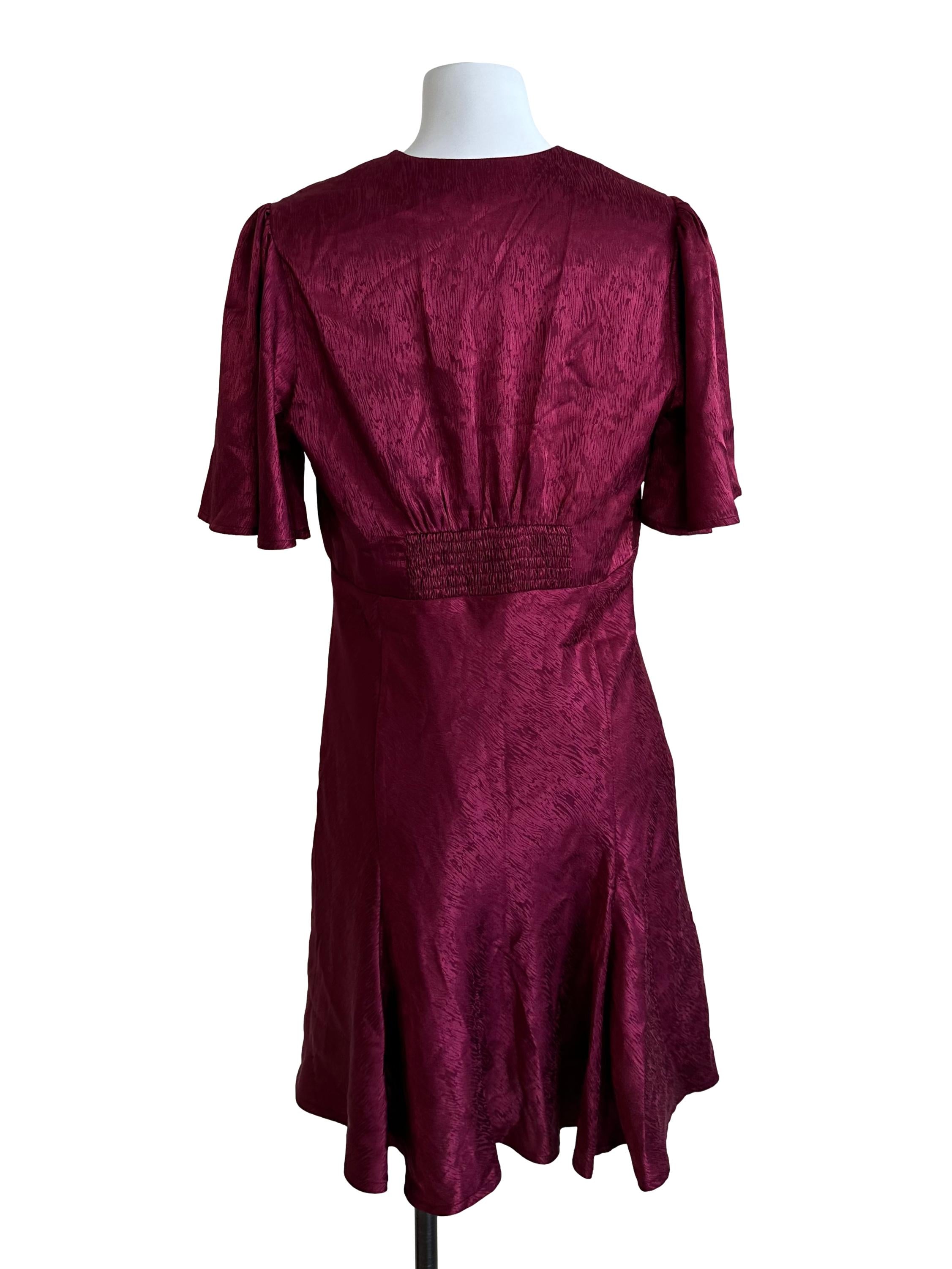 Burgundy Red Satin Textured V Neck Dress