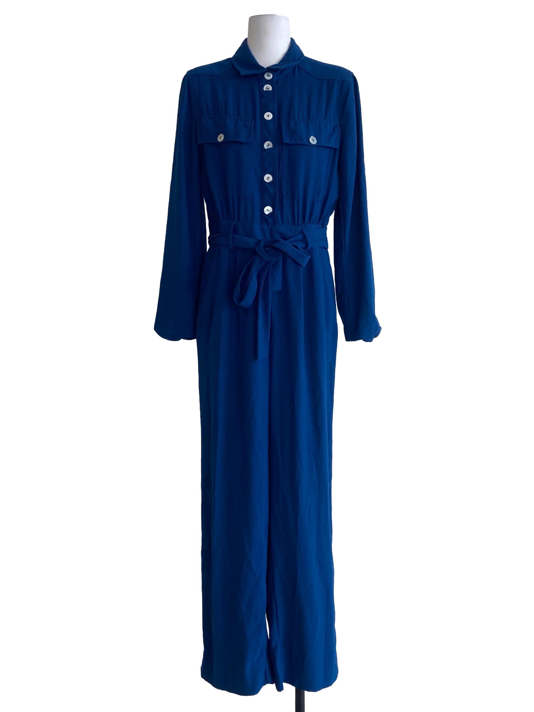 Lapis Blue Half Button Jumpsuit