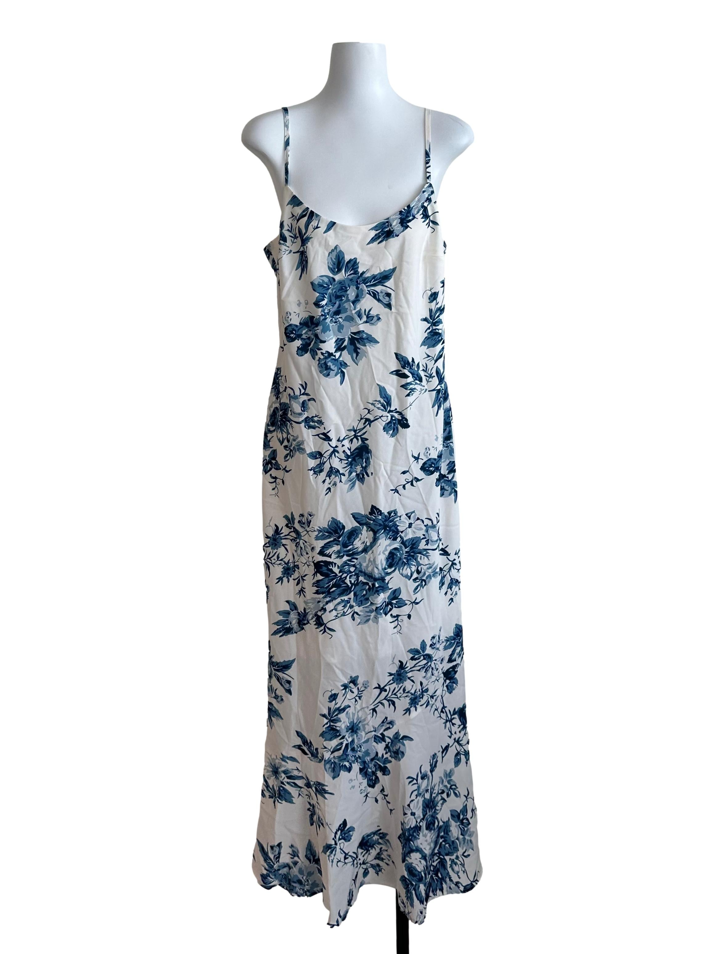 White Blue Scoop Neck Floral Dress