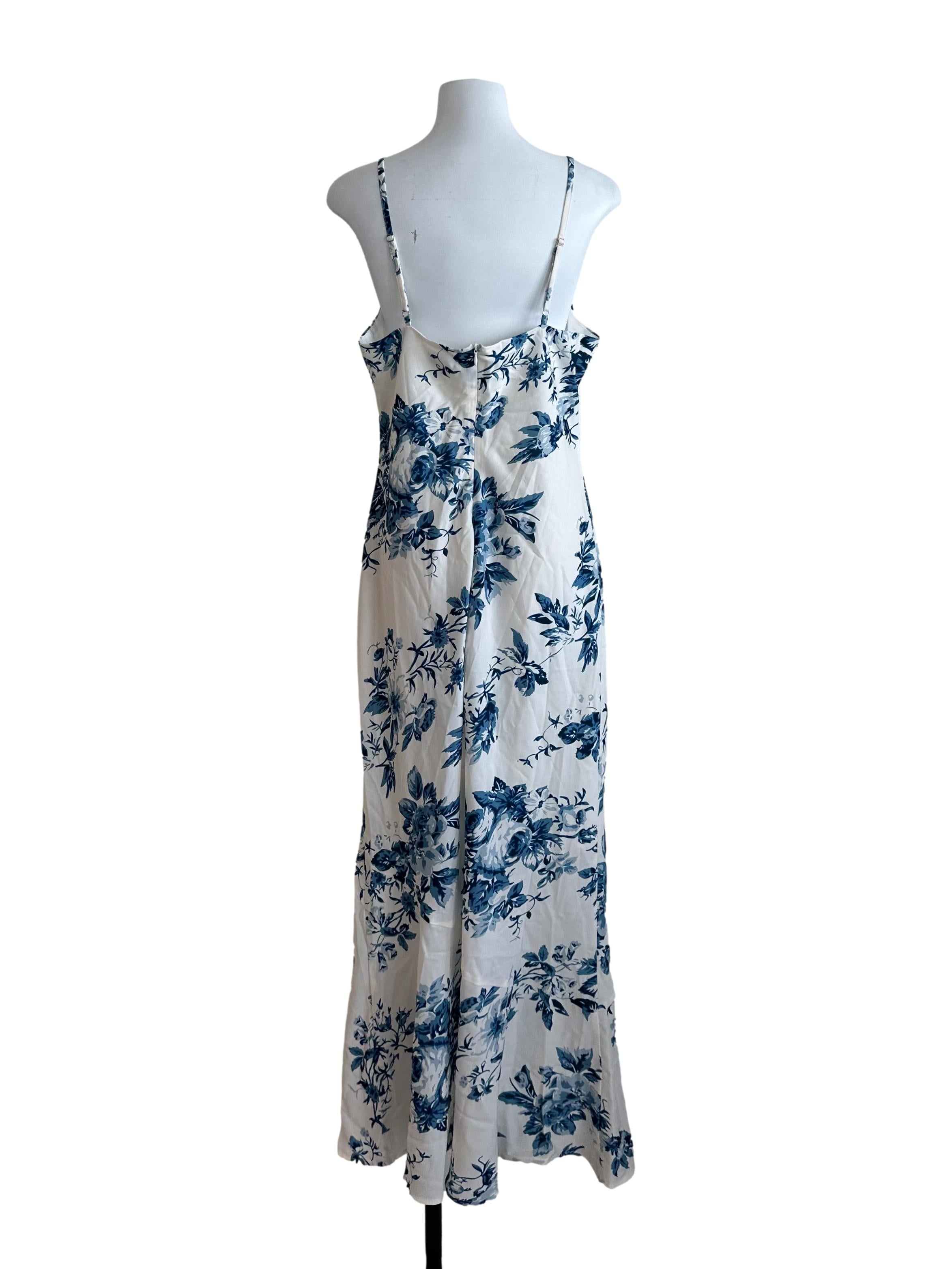 White Blue Scoop Neck Floral Dress