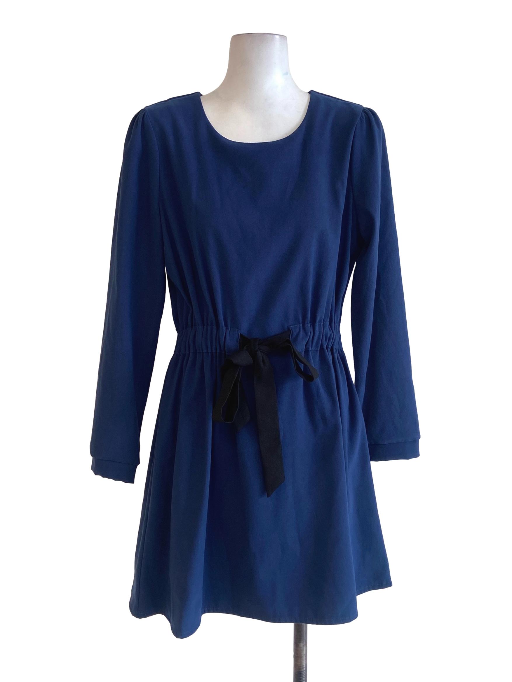 Denim Blue Twill Puffed Sleeve A-Line Dress