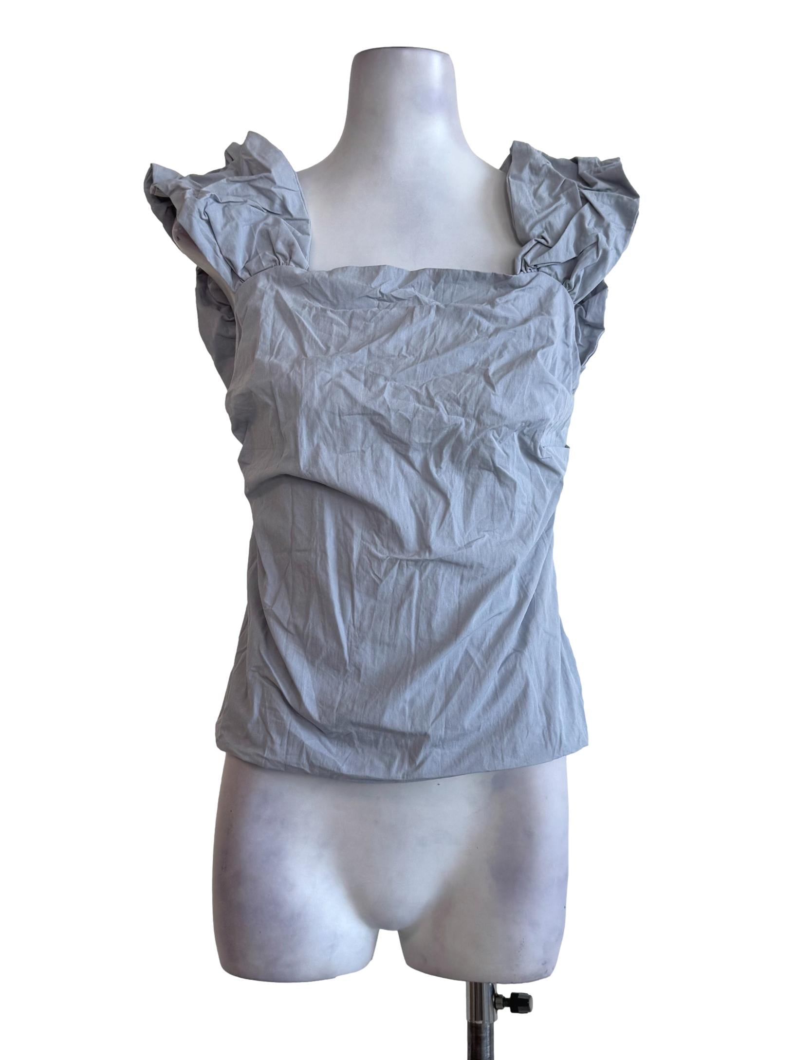 Baby Blue Queen Anne Neck Ruffled Sleeve Top