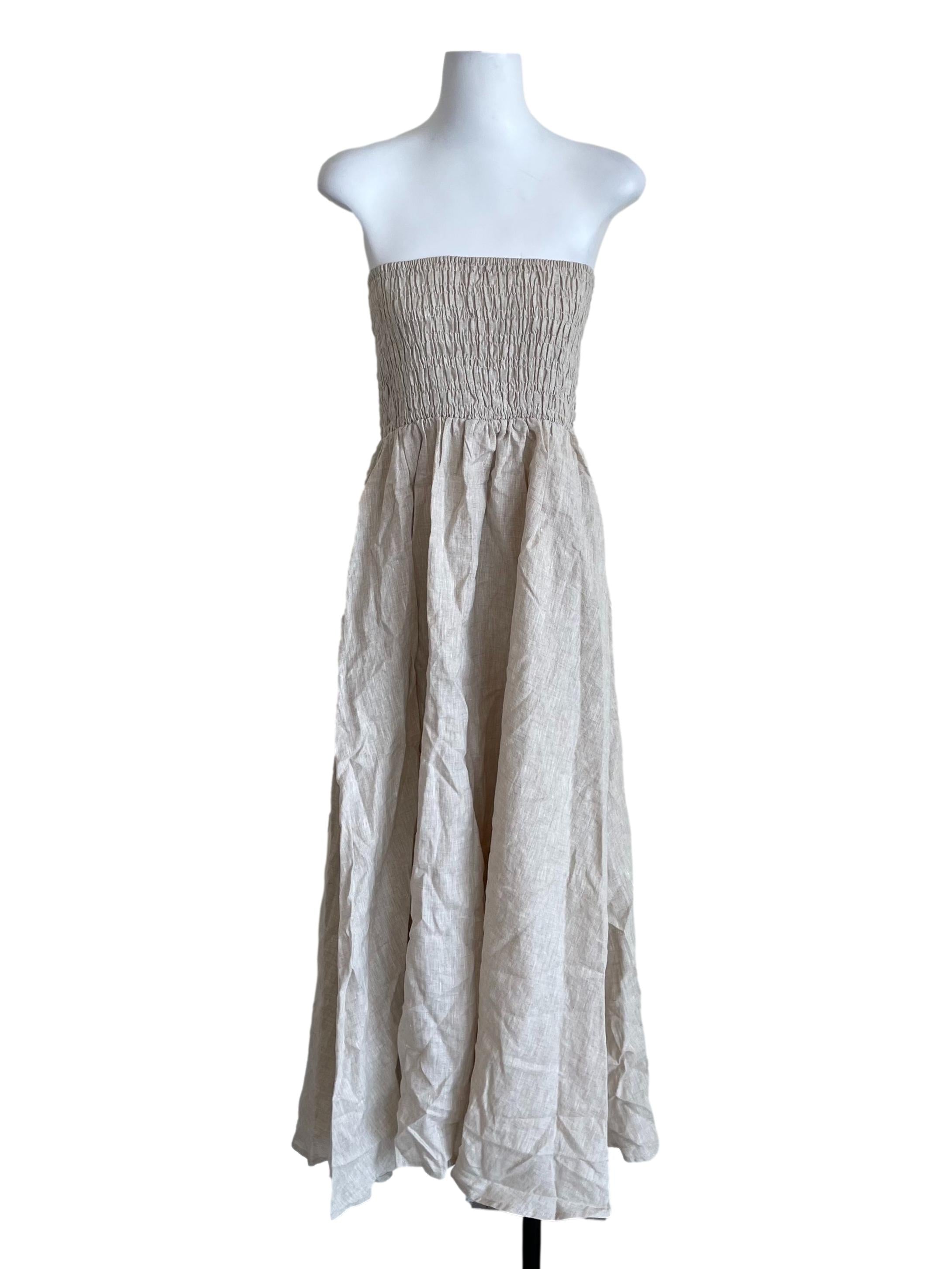 Linen Shirred Strapless Dress