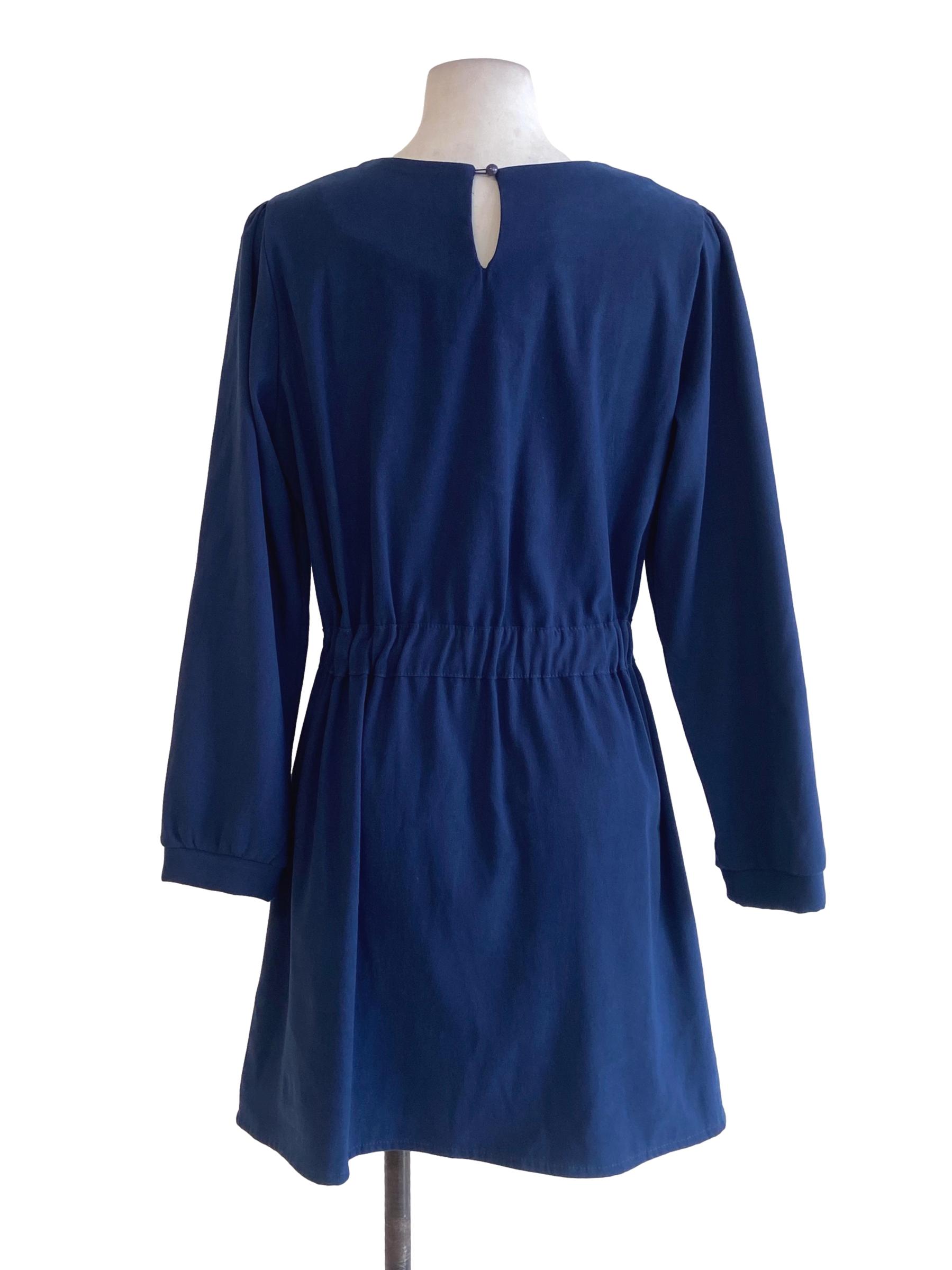 Denim Blue Twill Puffed Sleeve A-Line Dress