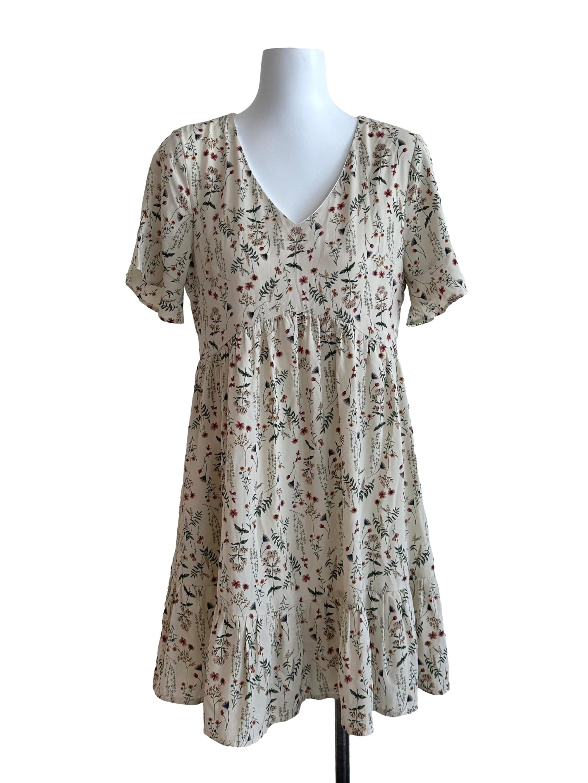 Sand Beige V Neck Floral Dress