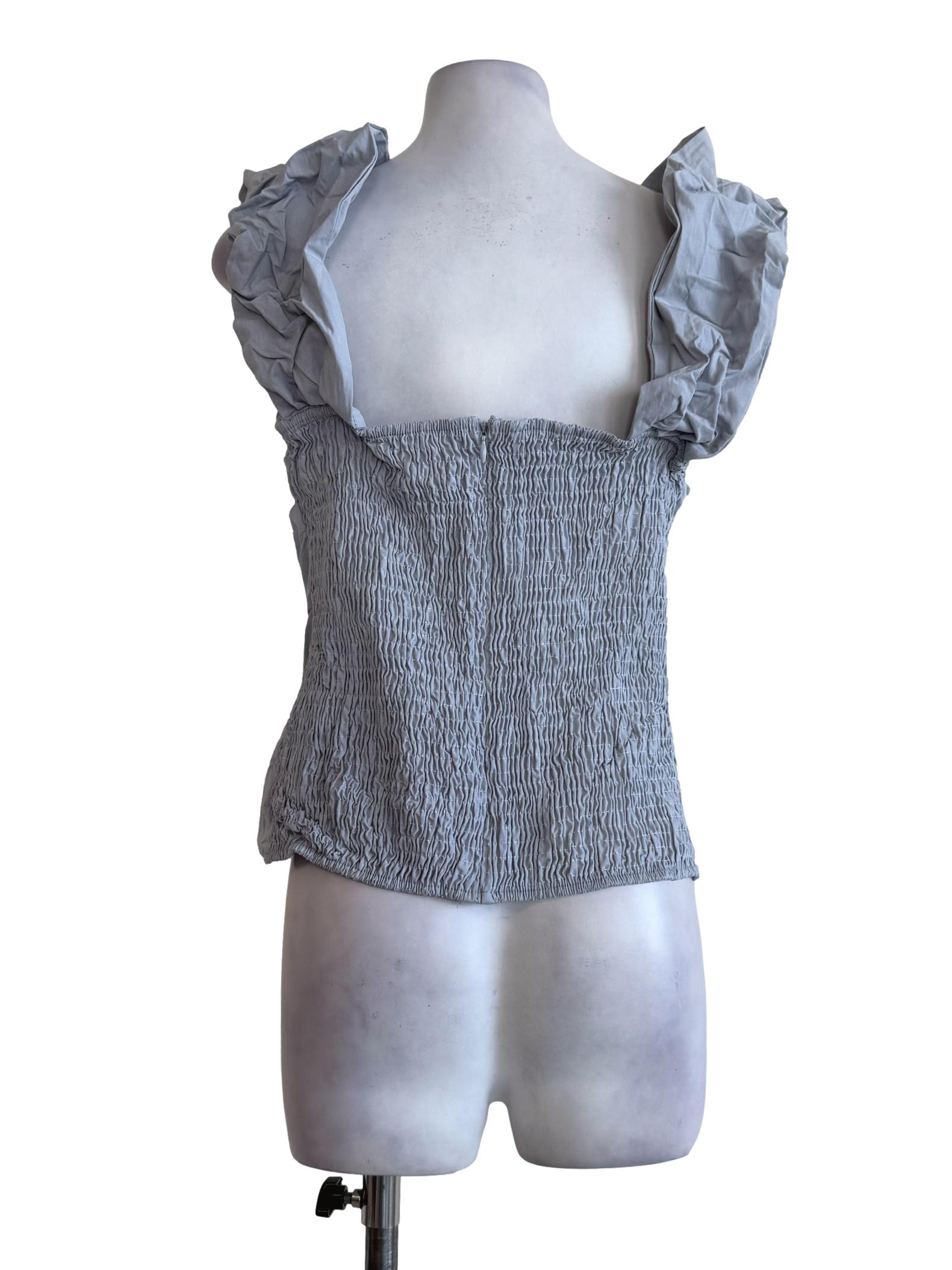 Baby Blue Queen Anne Neck Ruffled Sleeve Top
