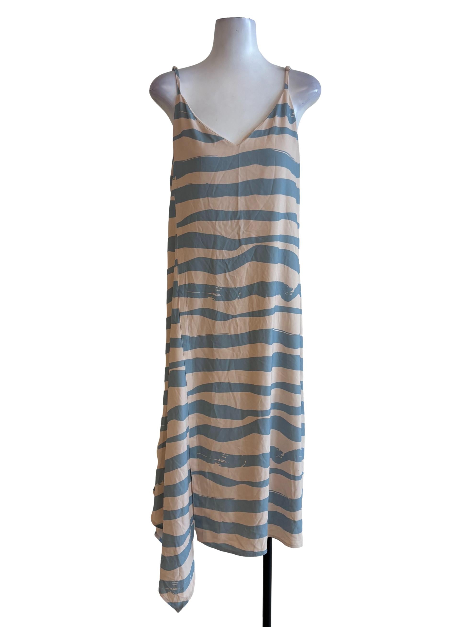 Cream Blue Wavy Stripes Slip Dress